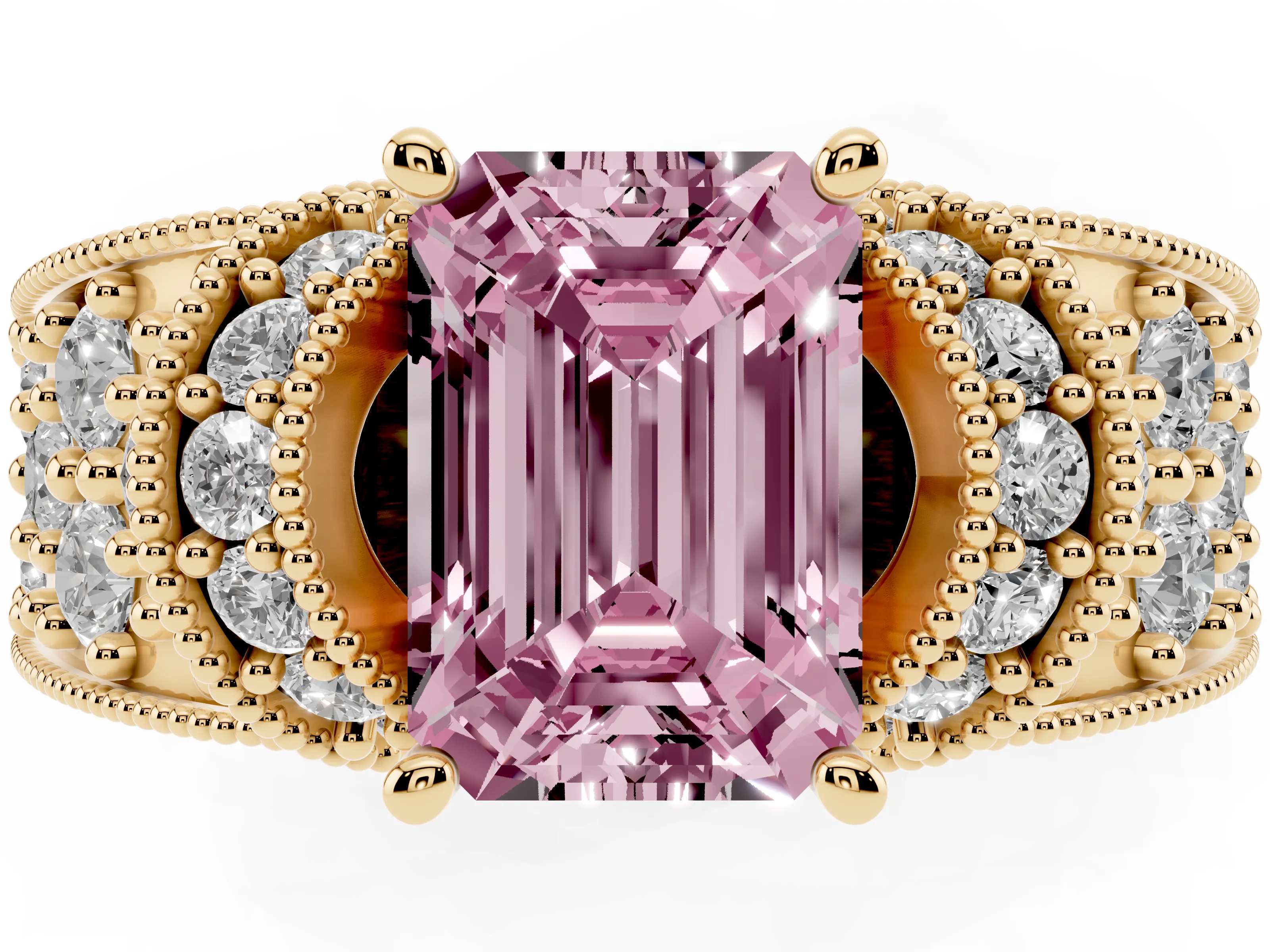 Fancy Pink Emerald Cut Diamond Milgrain Halo Pavé Engagement Ring Set in Yellow gold with Prong Setting
