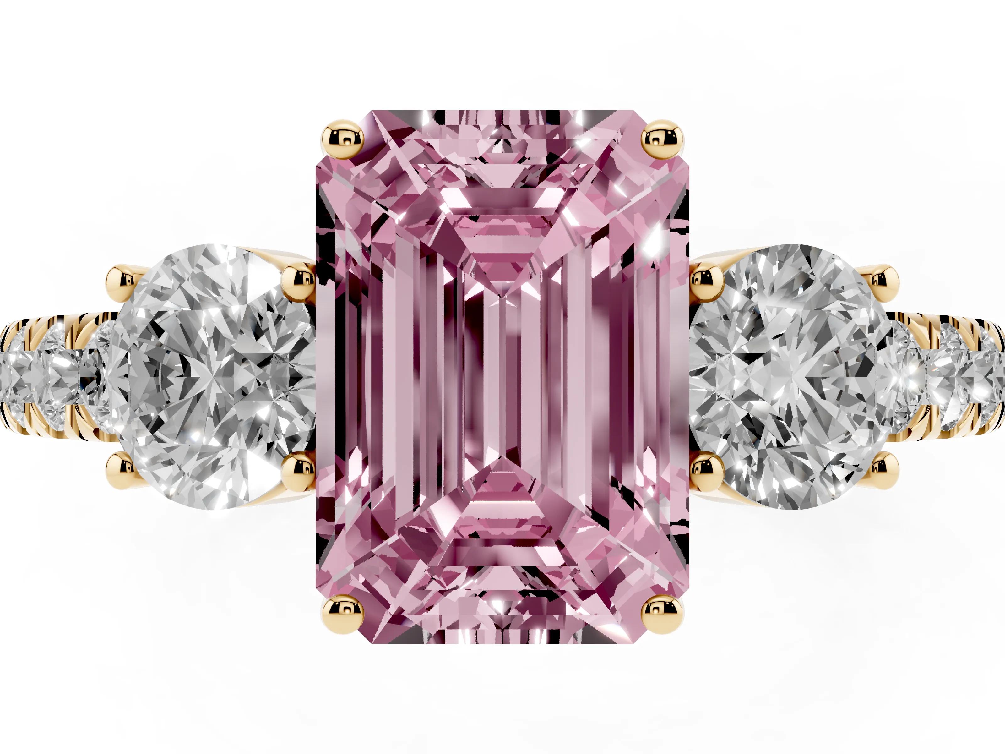 Fancy Pink Emerald Cut Diamond Three-Stone Ring Set in Yellow gold with Round Side Stones and Delicate Pavé Band