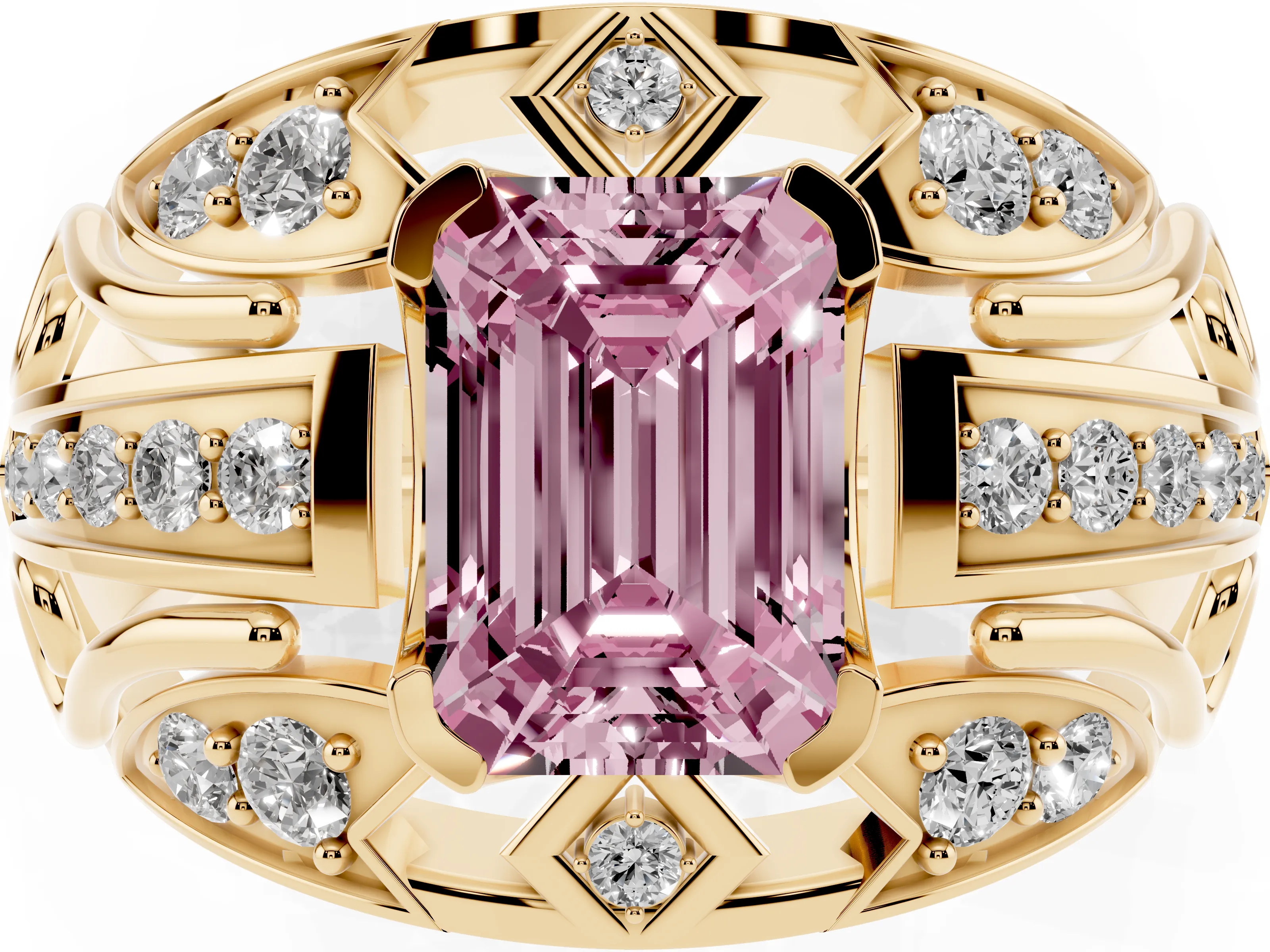 Fancy Pink Emerald Cut Diamond Art Deco Ring Set in Yellow gold with Pavé Split Shank