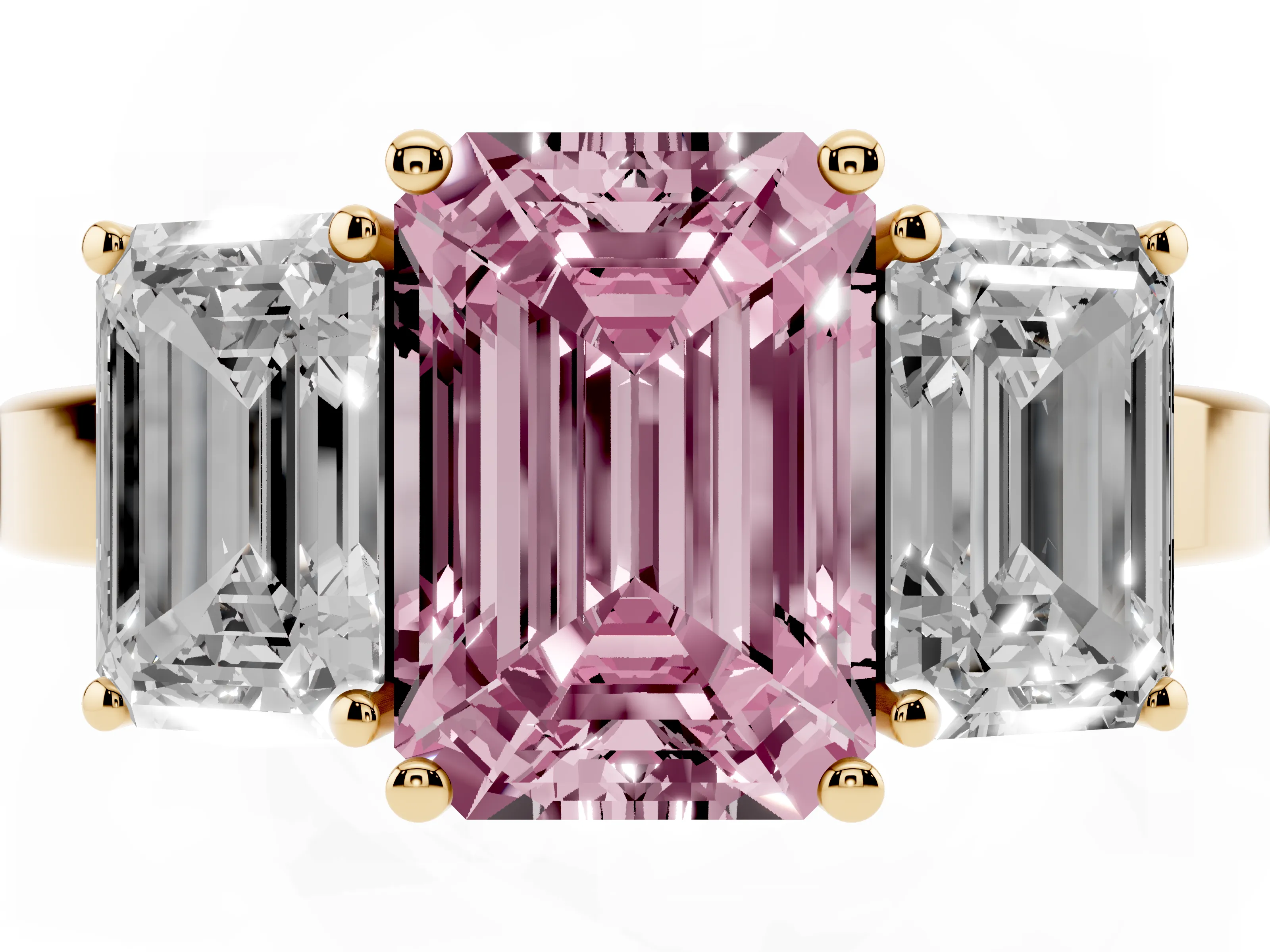 Fancy Pink Emerald Cut Diamond Three-Stone Engagement Ring Set in Yellow gold with Flat Band