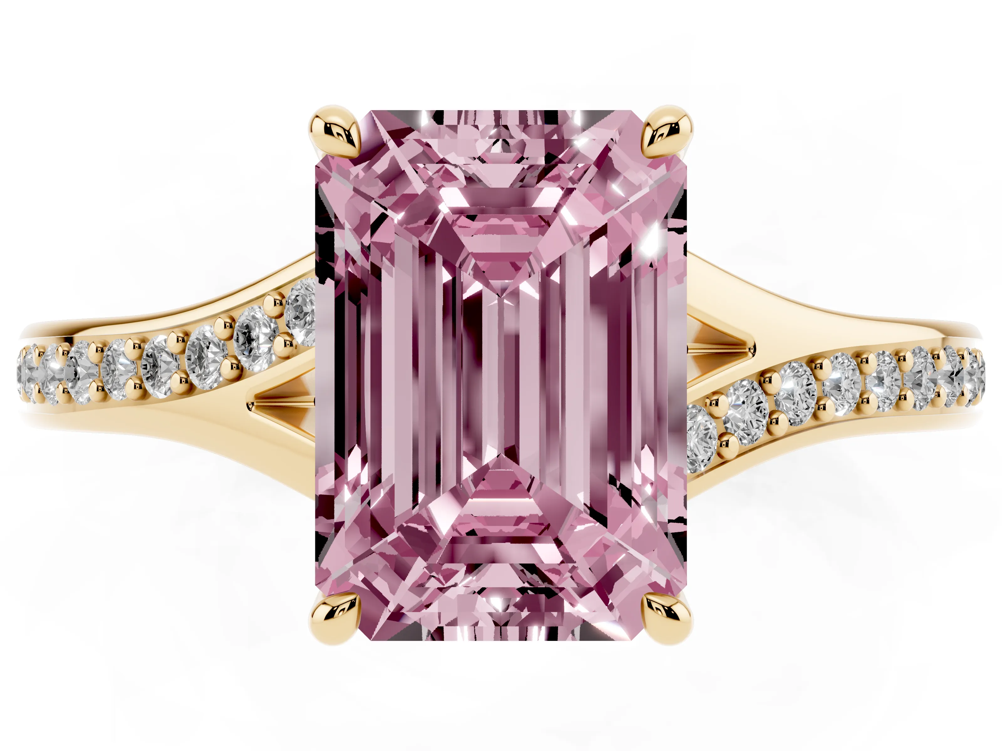Fancy Pink Emerald Cut Diamond Solitaire Ring Set in Yellow gold with Pavé Accent Band and Classic Prong Setting