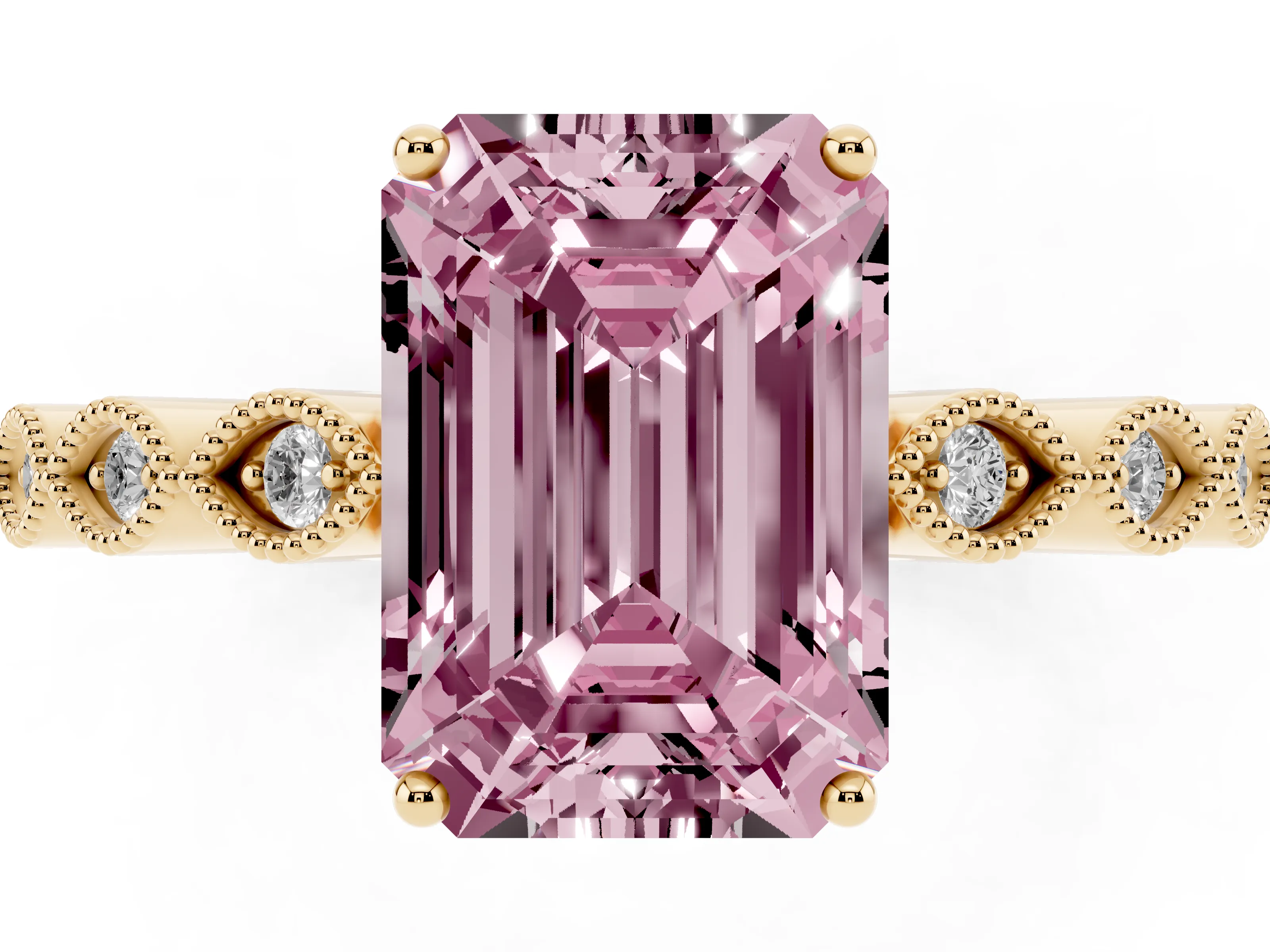 Fancy Pink Emerald Cut Diamond Solitaire Ring Set in Yellow gold with Infinity Twist Pavé Band