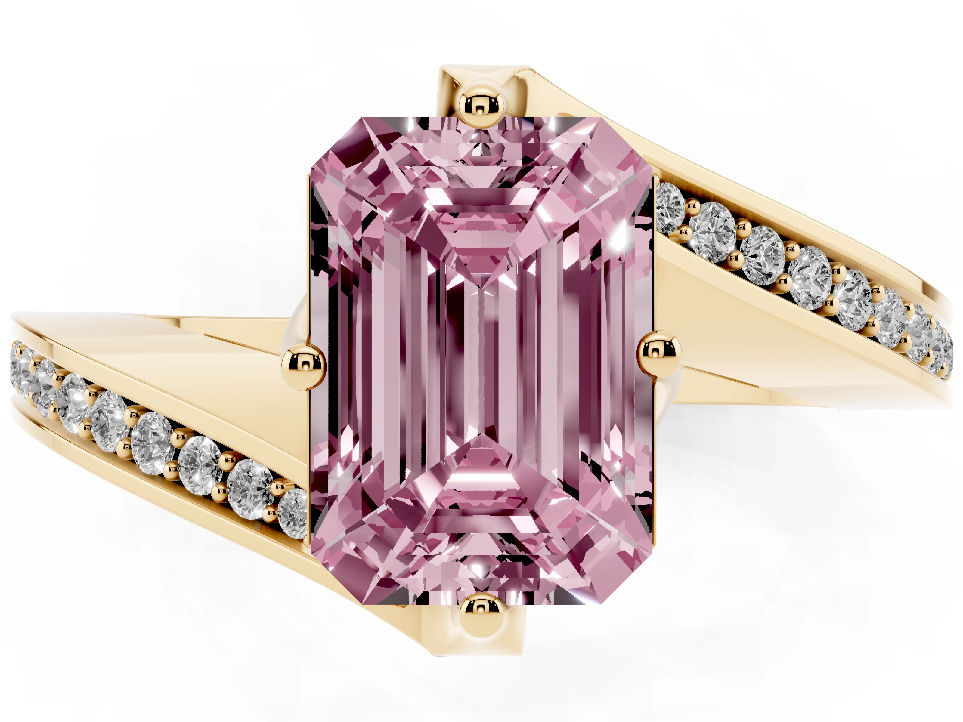 Fancy Pink Emerald Cut Diamond Solitaire Ring Set in Yellow gold with Intertwined Pavé Twist Band