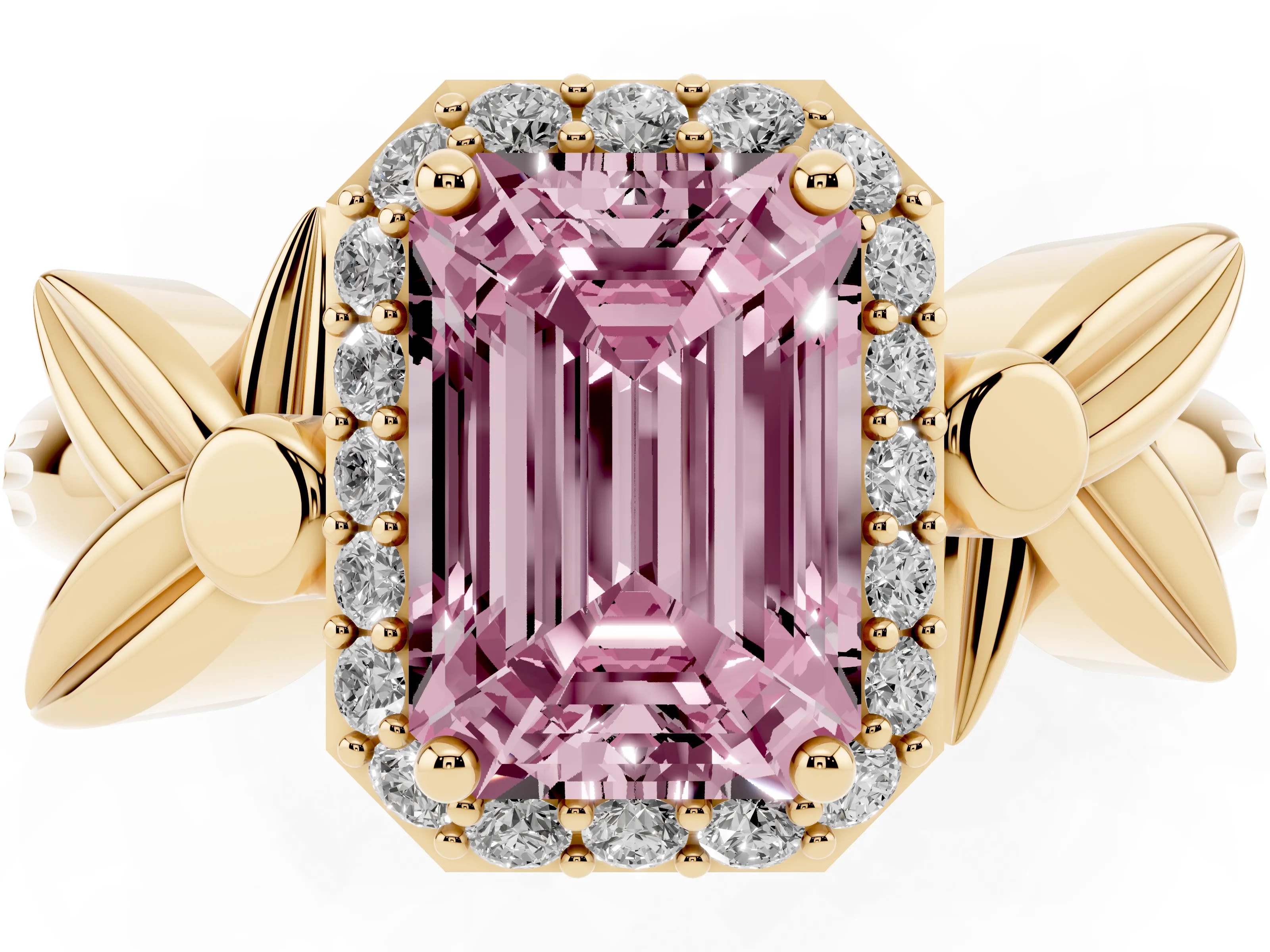 Fancy Pink Emerald Cut Diamond Halo Floral Band Ring Set in Yellow gold with Prong Setting