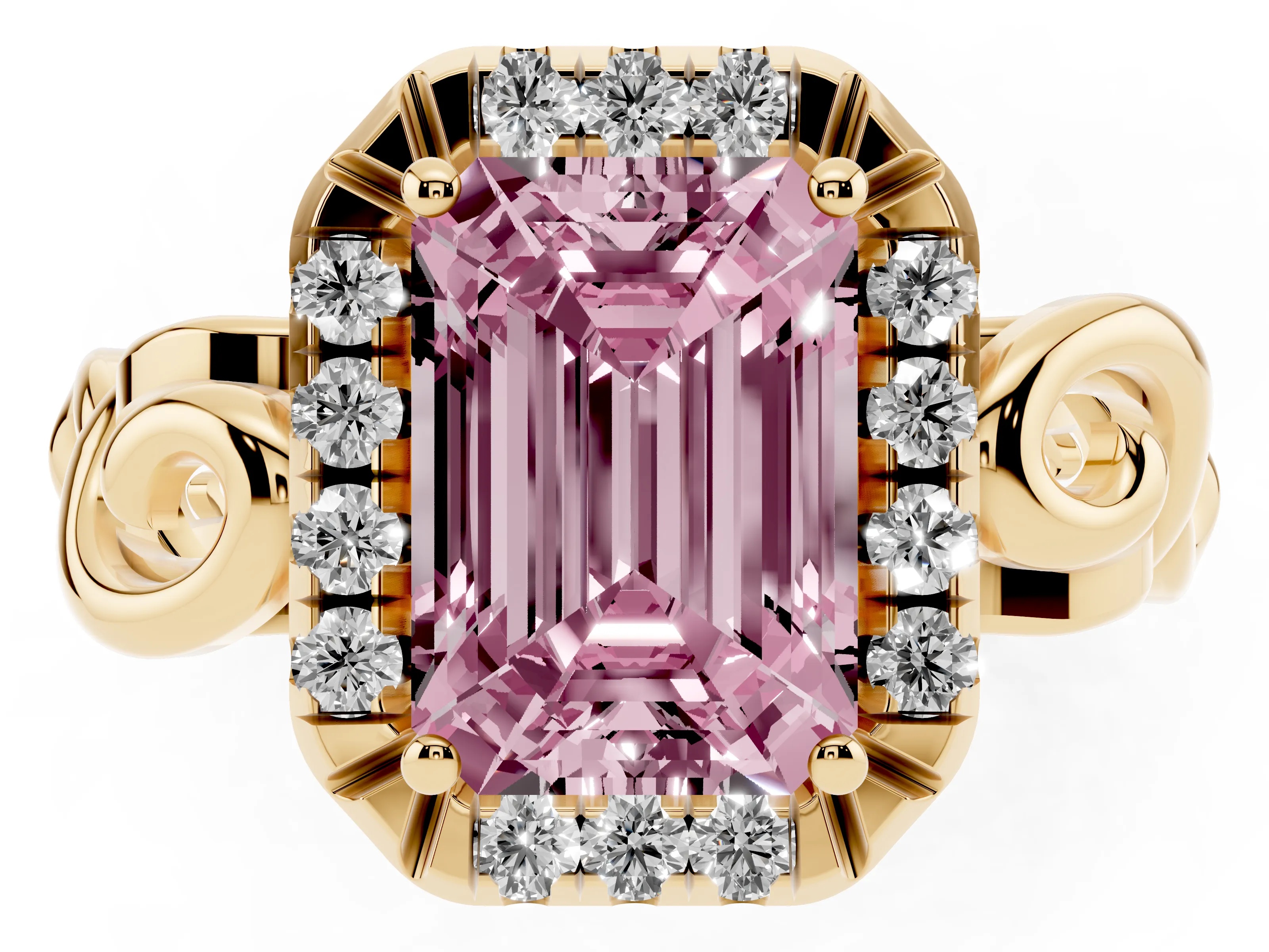 Fancy Pink Emerald Cut Diamond Halo Ring Set in Yellow gold with Scrollwork Band and Prong Setting