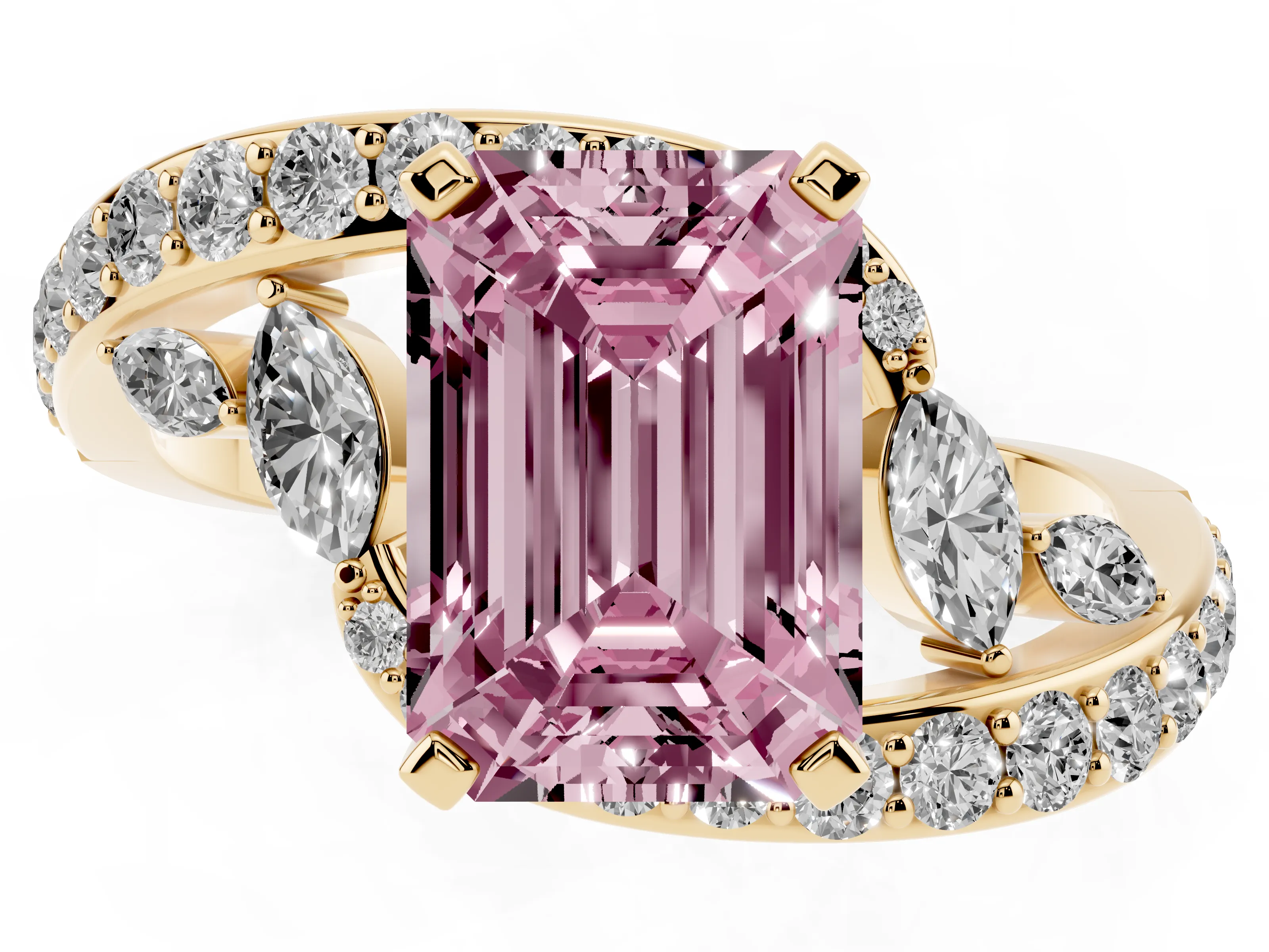 Fancy Pink Emerald Cut Diamond Solitaire Ring Set in Yellow gold with Pavé Twist Band and Secure Prong Setting