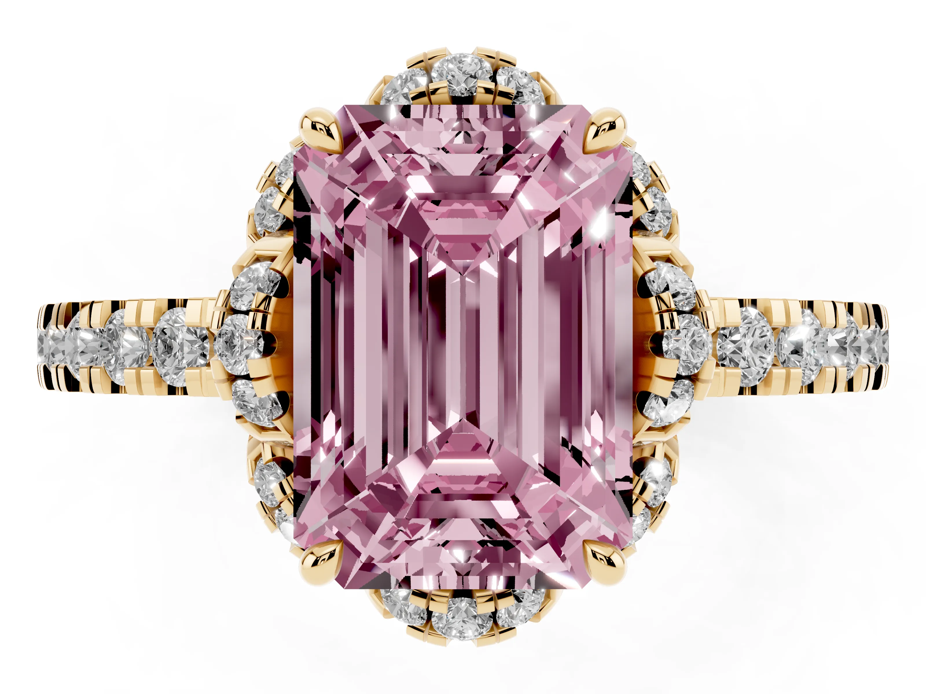 Fancy Pink Emerald Cut Diamond Halo Pavé Band Ring Set in Yellow gold with Prong-Held Center