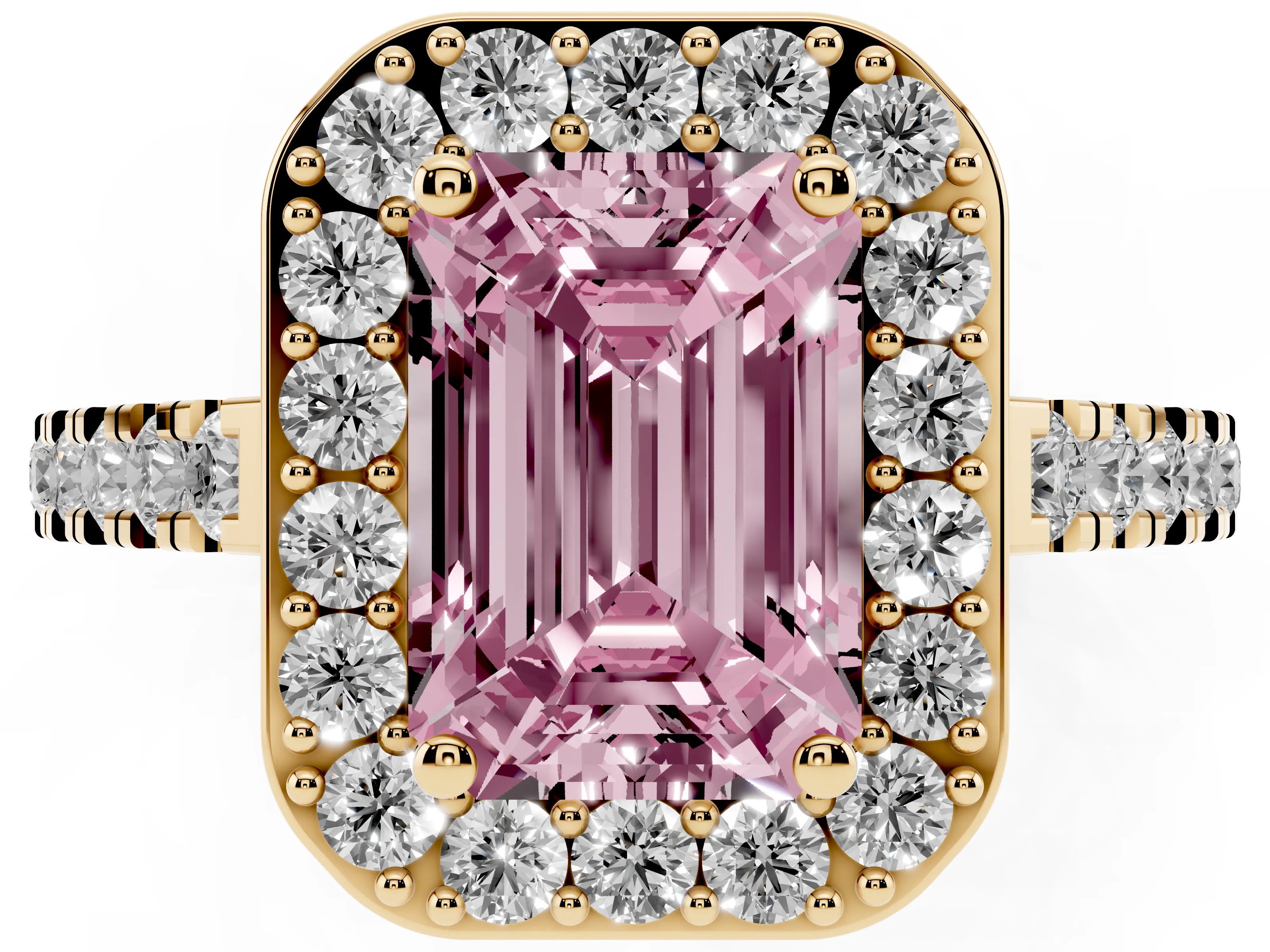 Fancy Pink Emerald Cut Diamond Halo Ring Set in Yellow gold with Round Pavé Split Shank and Prong Setting