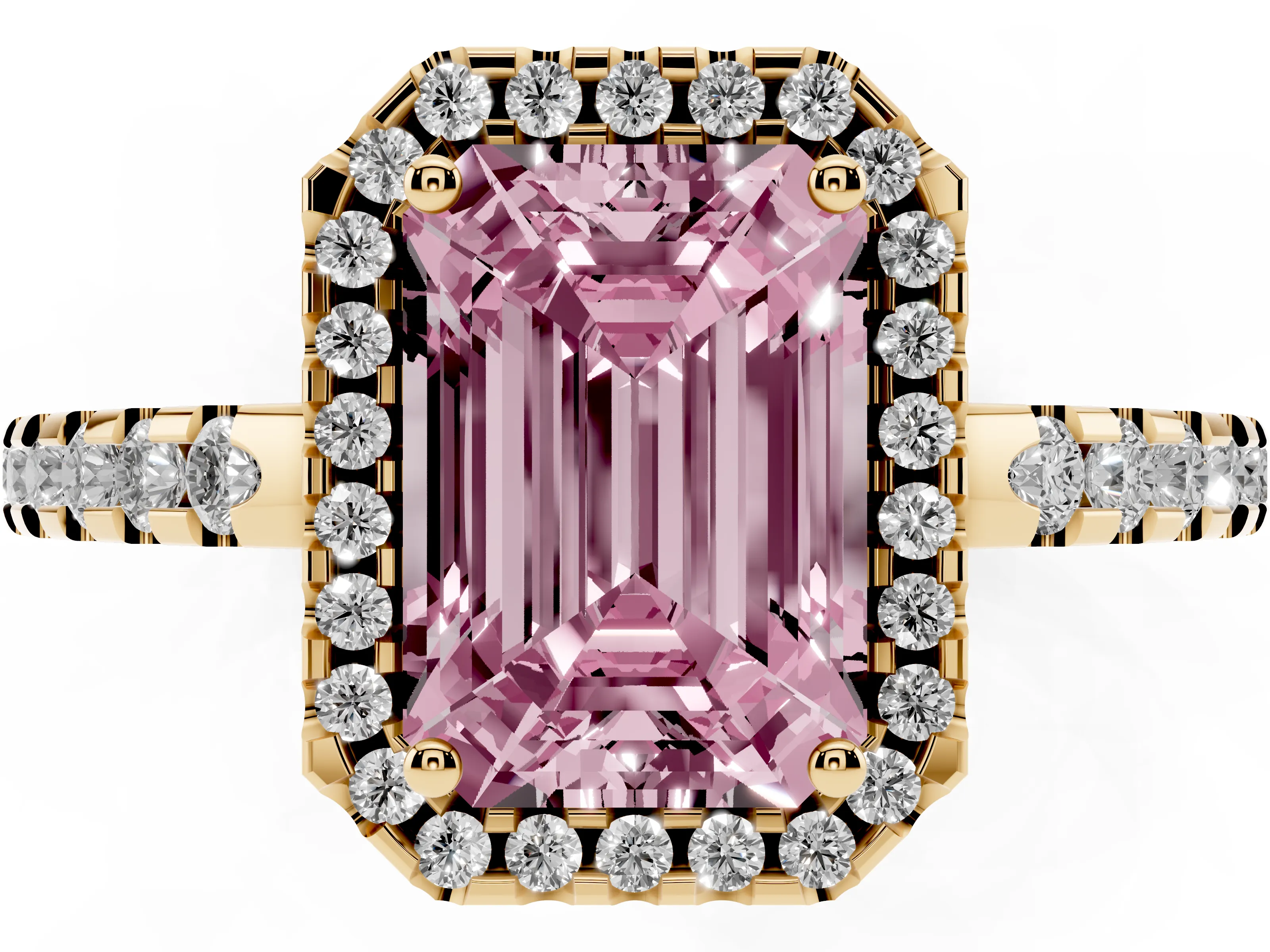 Fancy Pink Emerald Cut Diamond Halo Ring Set in Yellow gold with Pavé Shoulders and Halo-Framed Center