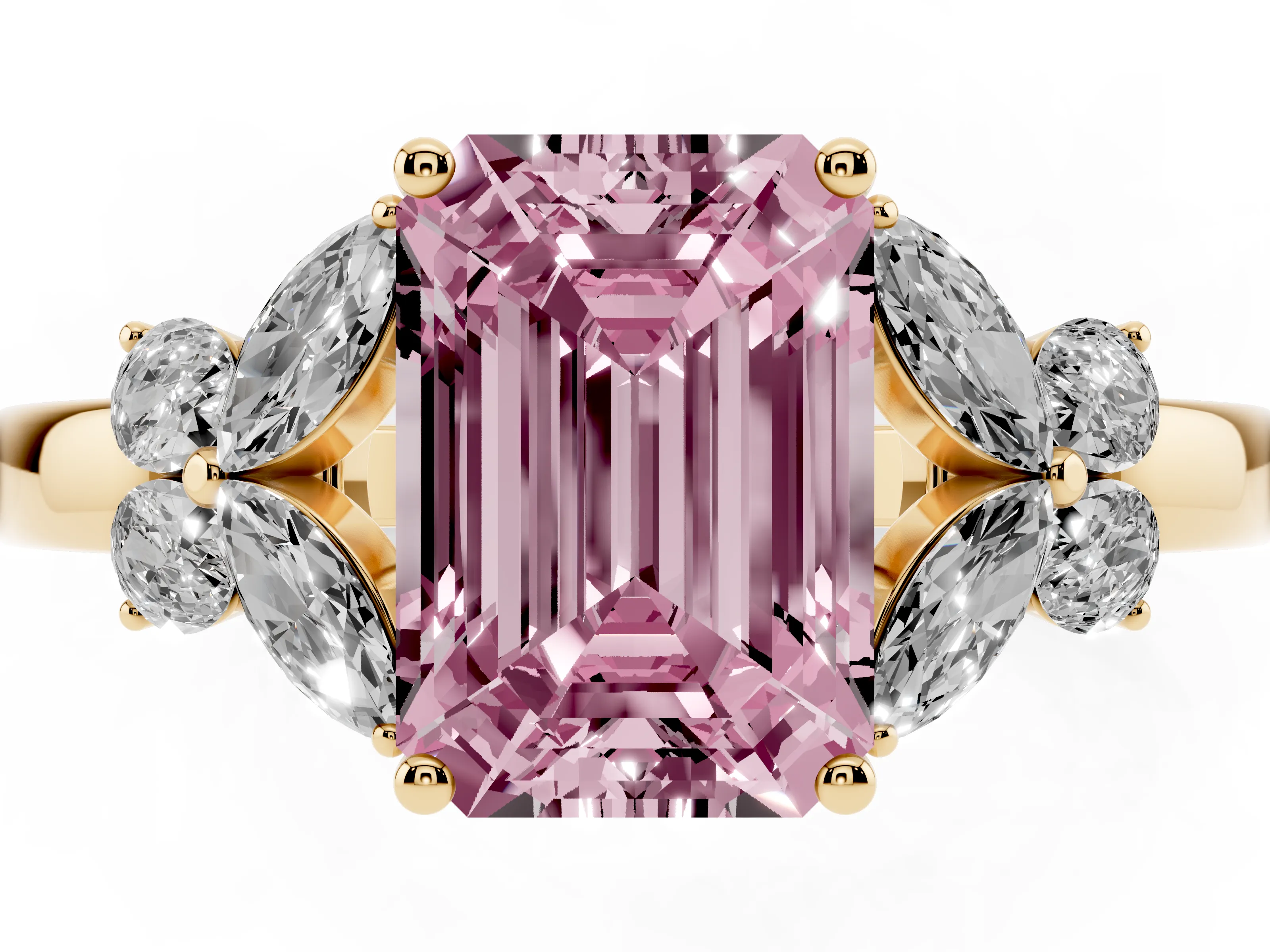 Fancy Pink Emerald Cut Diamond Solitaire Floral Ring Set in Yellow gold with Marquise Petals and Prong Setting