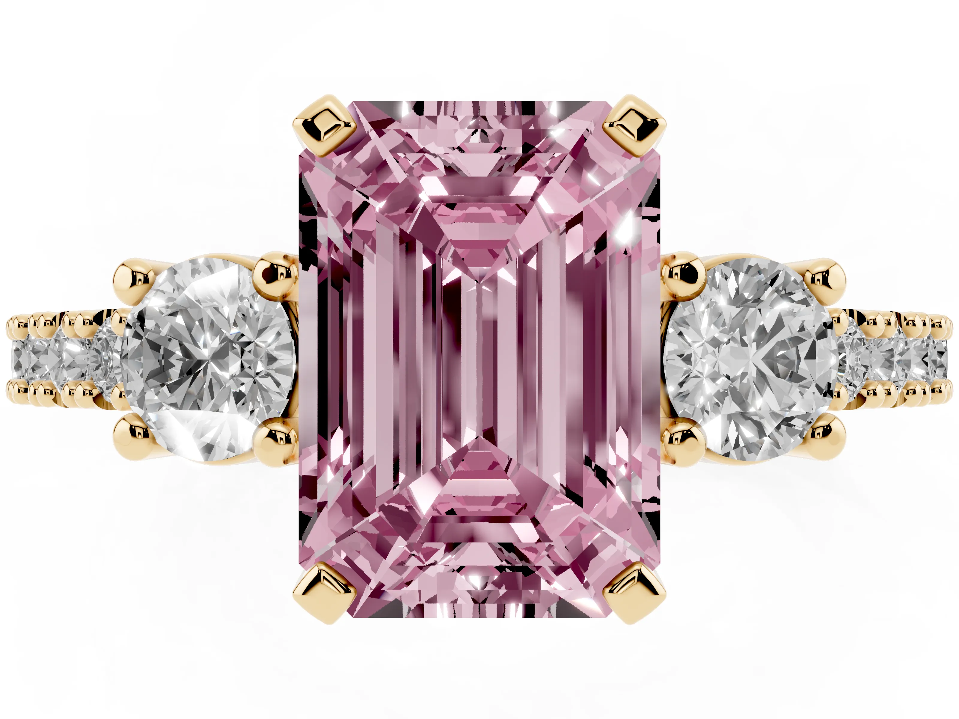 Fancy Pink Three-Stone Emerald Cut Diamond Pavé Band Ring Set in Yellow gold with Prong Setting