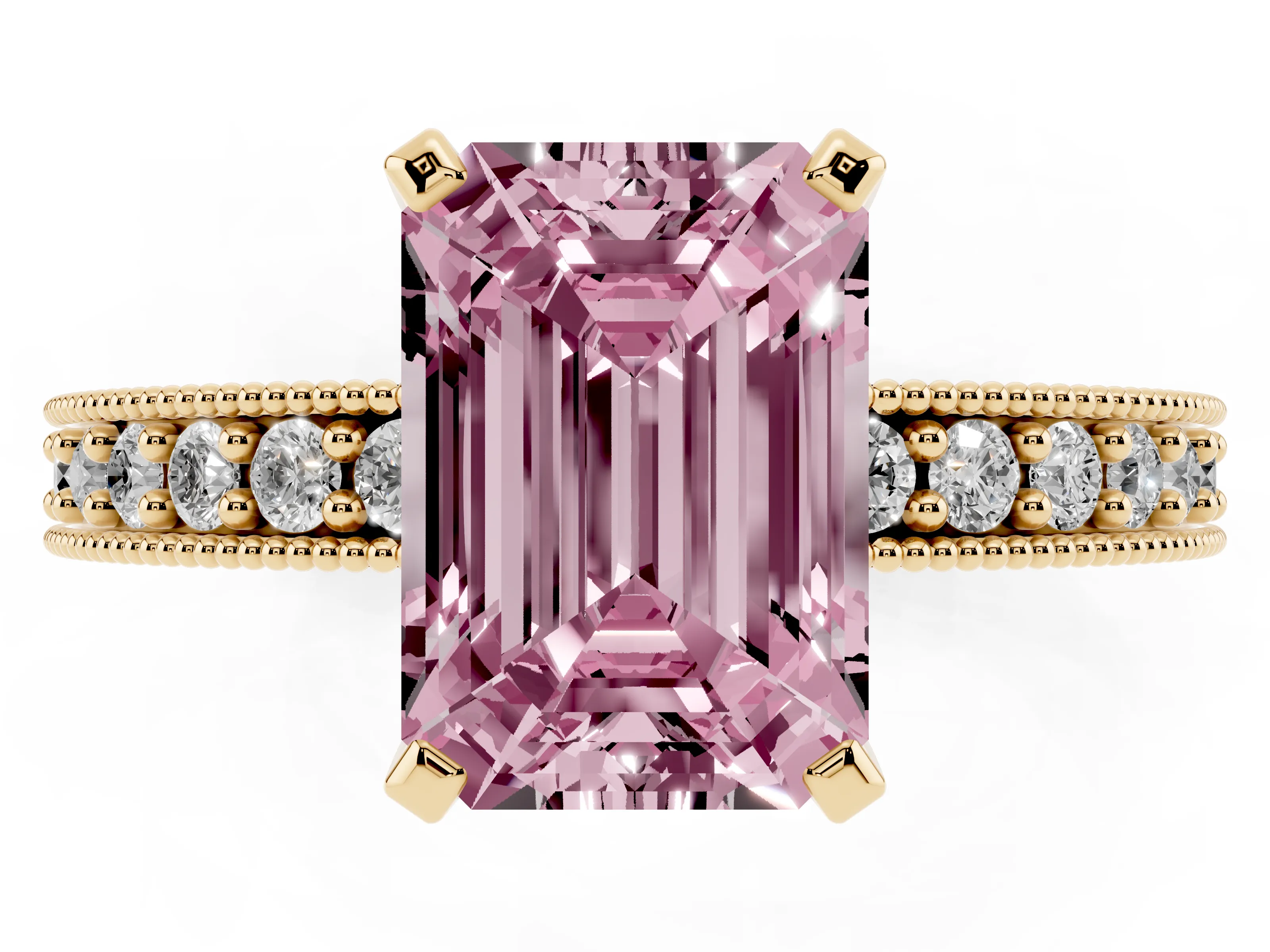 Fancy Pink Emerald Cut Diamond Milgrain Pavé Engagement Ring Set in Yellow gold with Prong Setting