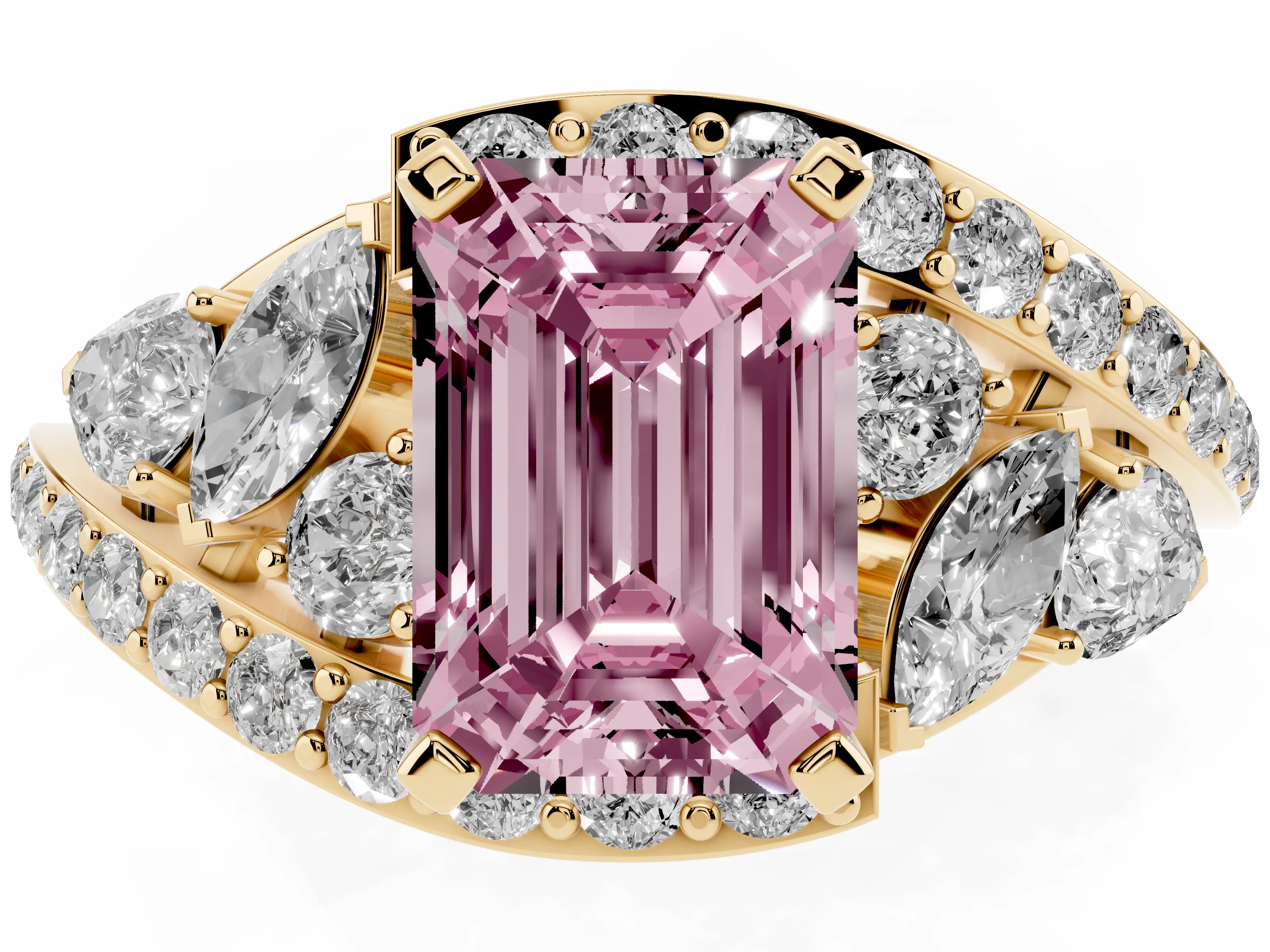 Fancy Pink Emerald Cut Diamond Halo Ring Set in Yellow gold with Marquise and Pavé Band in Prong Setting