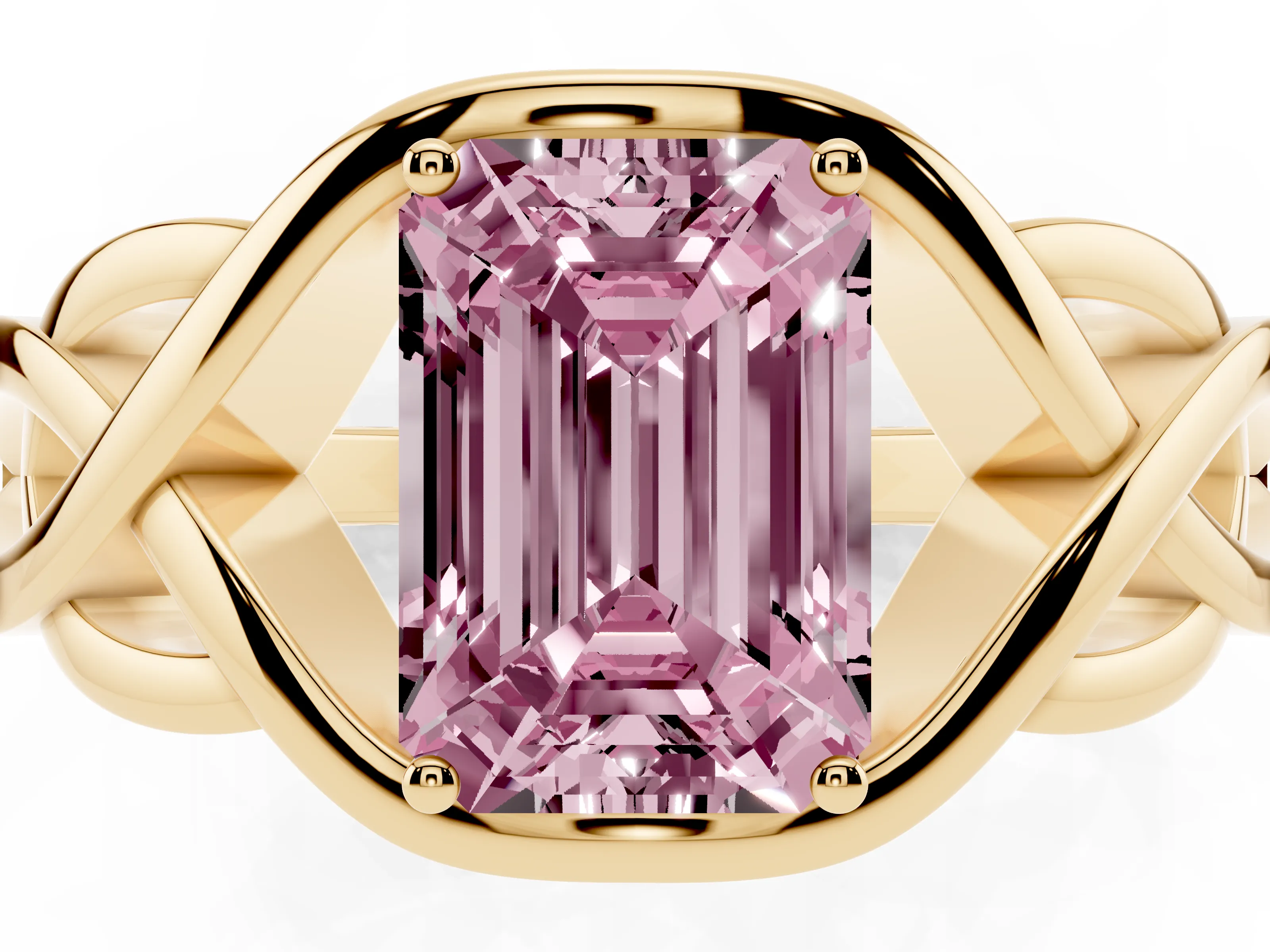 Fancy Pink Emerald Cut Diamond Solitaire Ring Set in Yellow gold with Intertwined Band