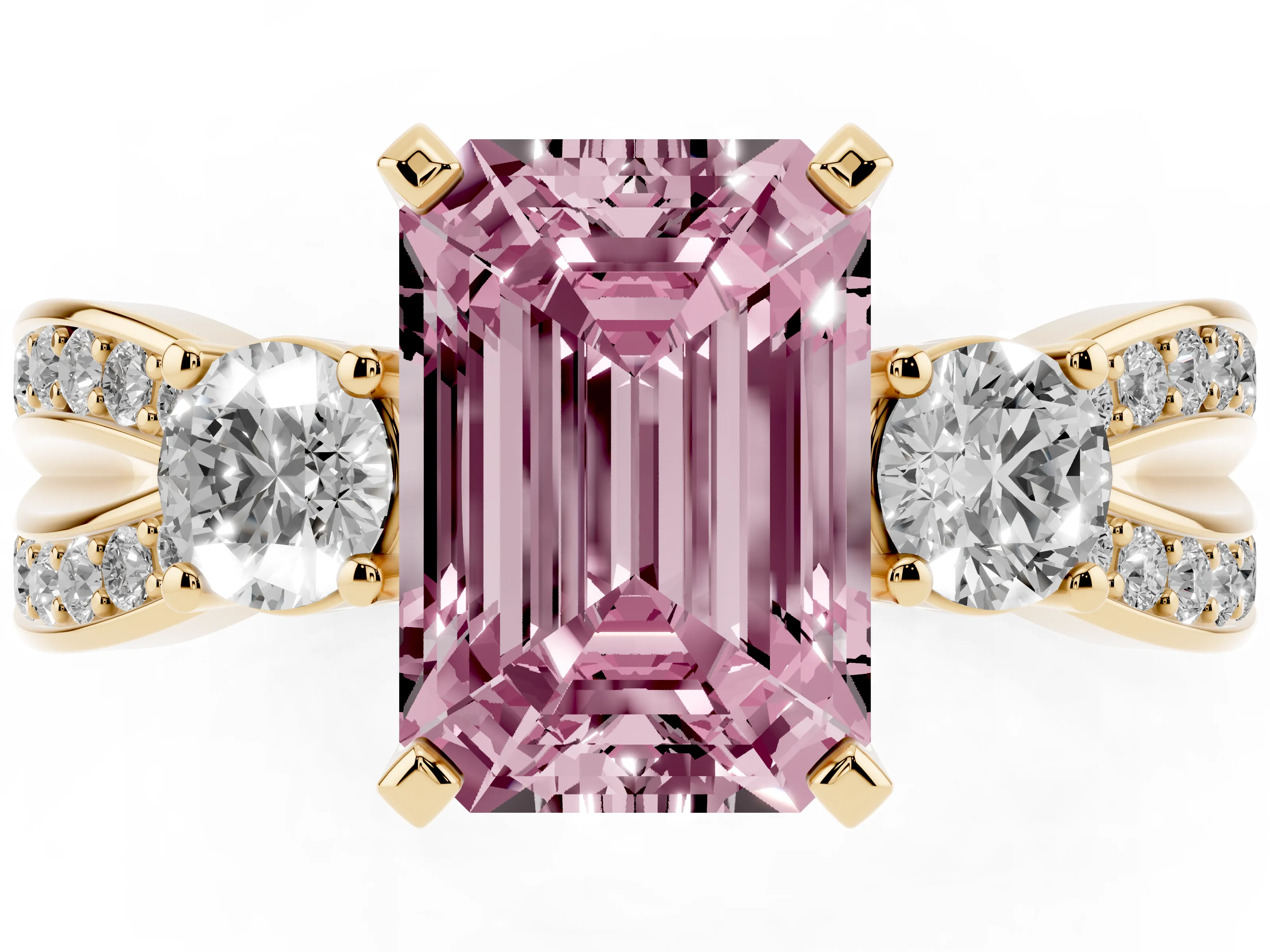 Fancy Pink Three-Stone Emerald Cut Diamond Twist Band Ring Set in Yellow gold with Pavé Accents and Prong Setting