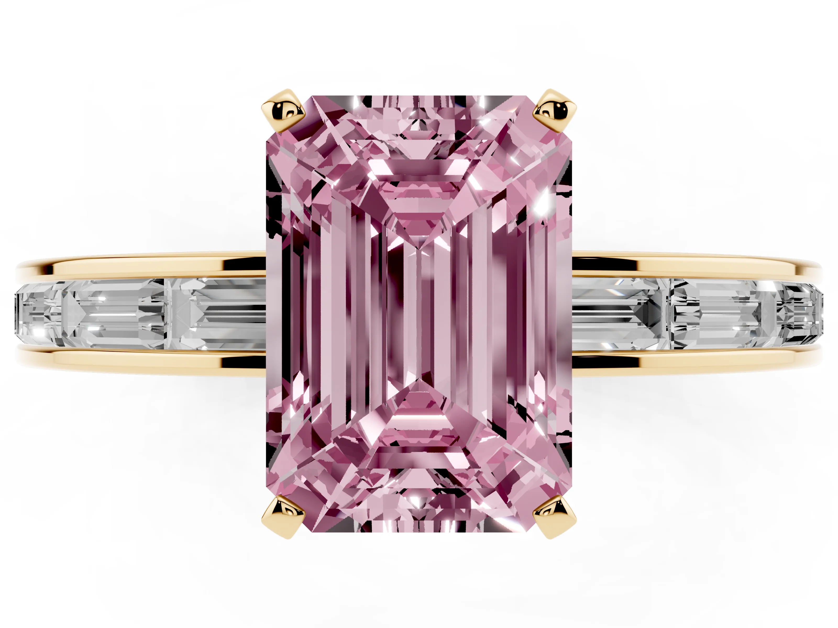 Fancy Pink Emerald Cut Diamond Solitaire Ring Set in Yellow gold with Channel-Set Baguette Band and Prong Setting