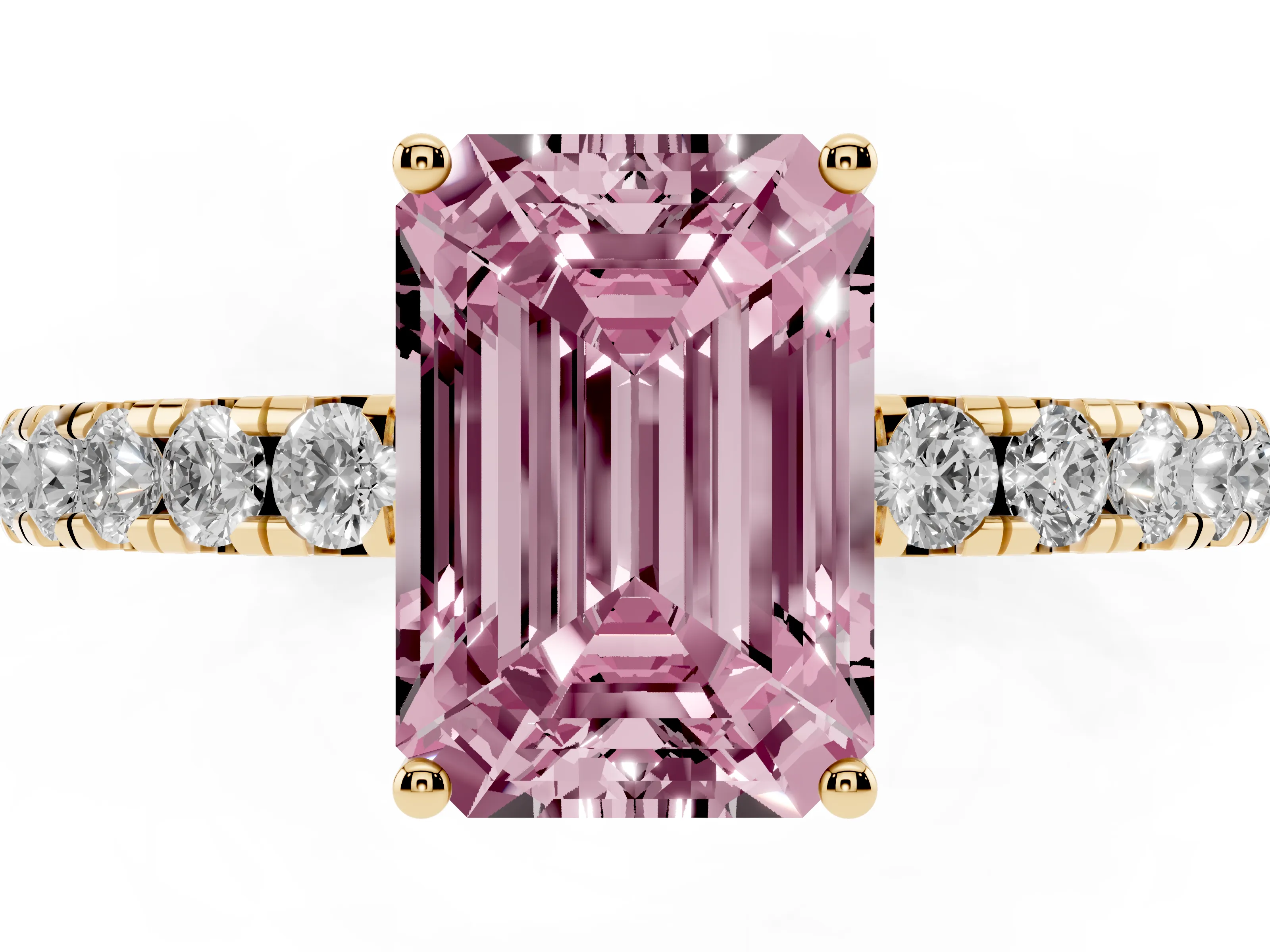 Fancy Pink Emerald Cut Diamond Pavé Solitaire Engagement Ring Set in Yellow gold with Prong Setting