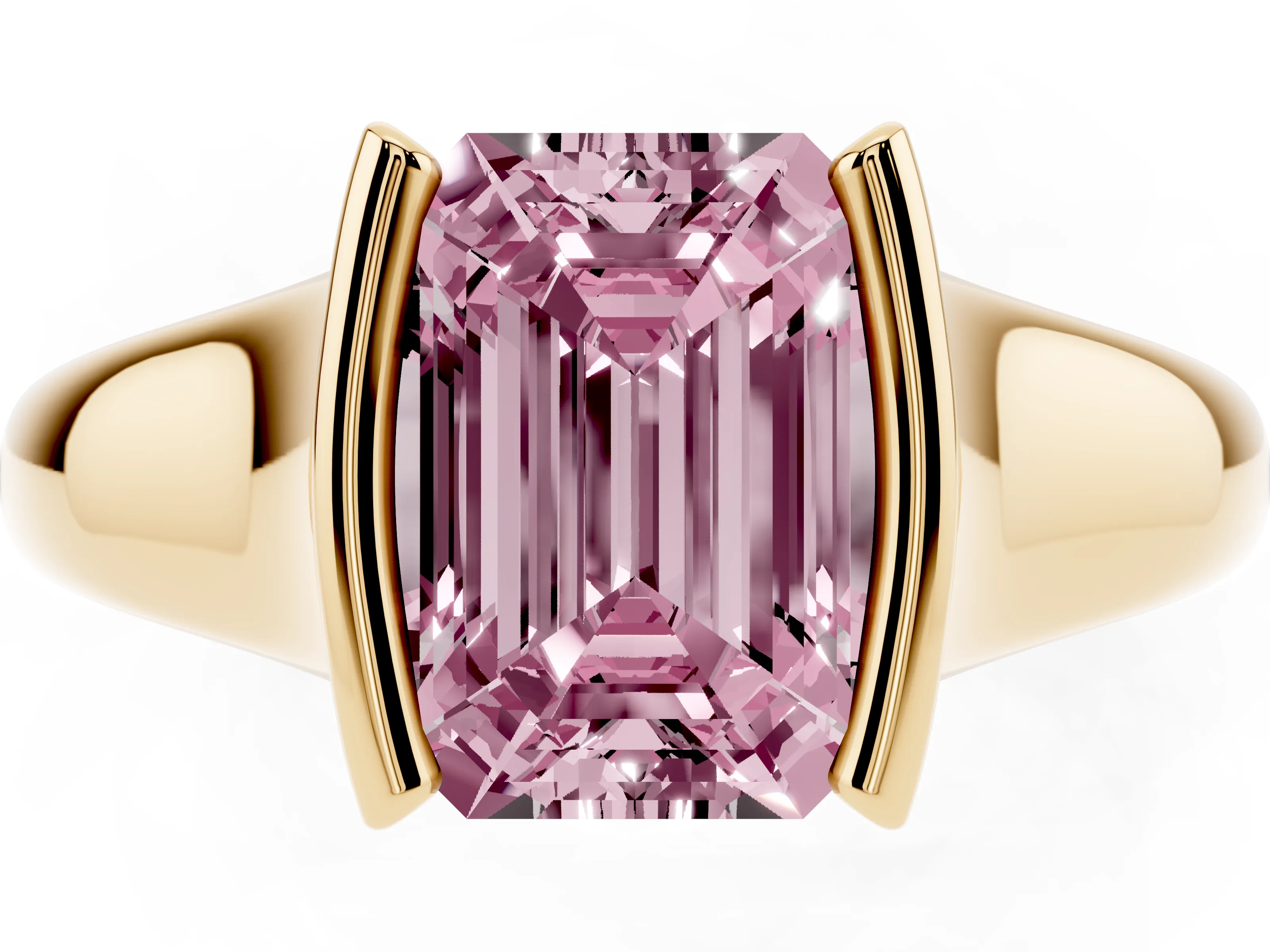Fancy Pink Emerald Cut Diamond Solitaire Tension Set Ring Set in Yellow gold with Split Shank Band