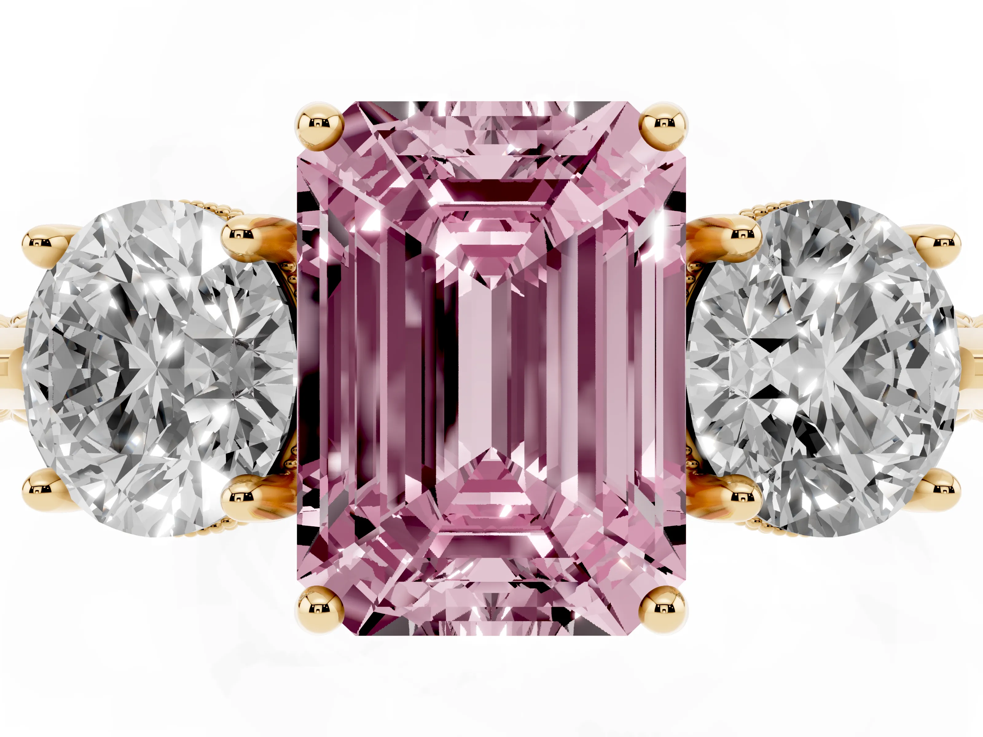 Fancy Pink Emerald Cut Diamond Three-Stone Ring Set in Yellow gold with Milgrain Band