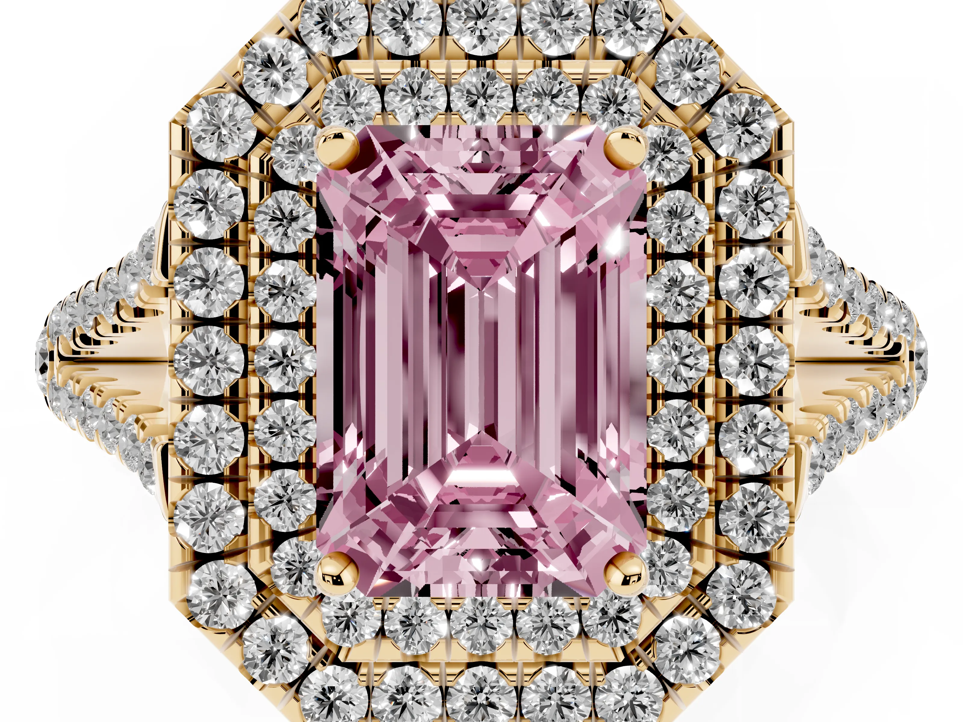 Fancy Pink Emerald Cut Diamond Double Halo Ring Set in Yellow gold with Pavé Band