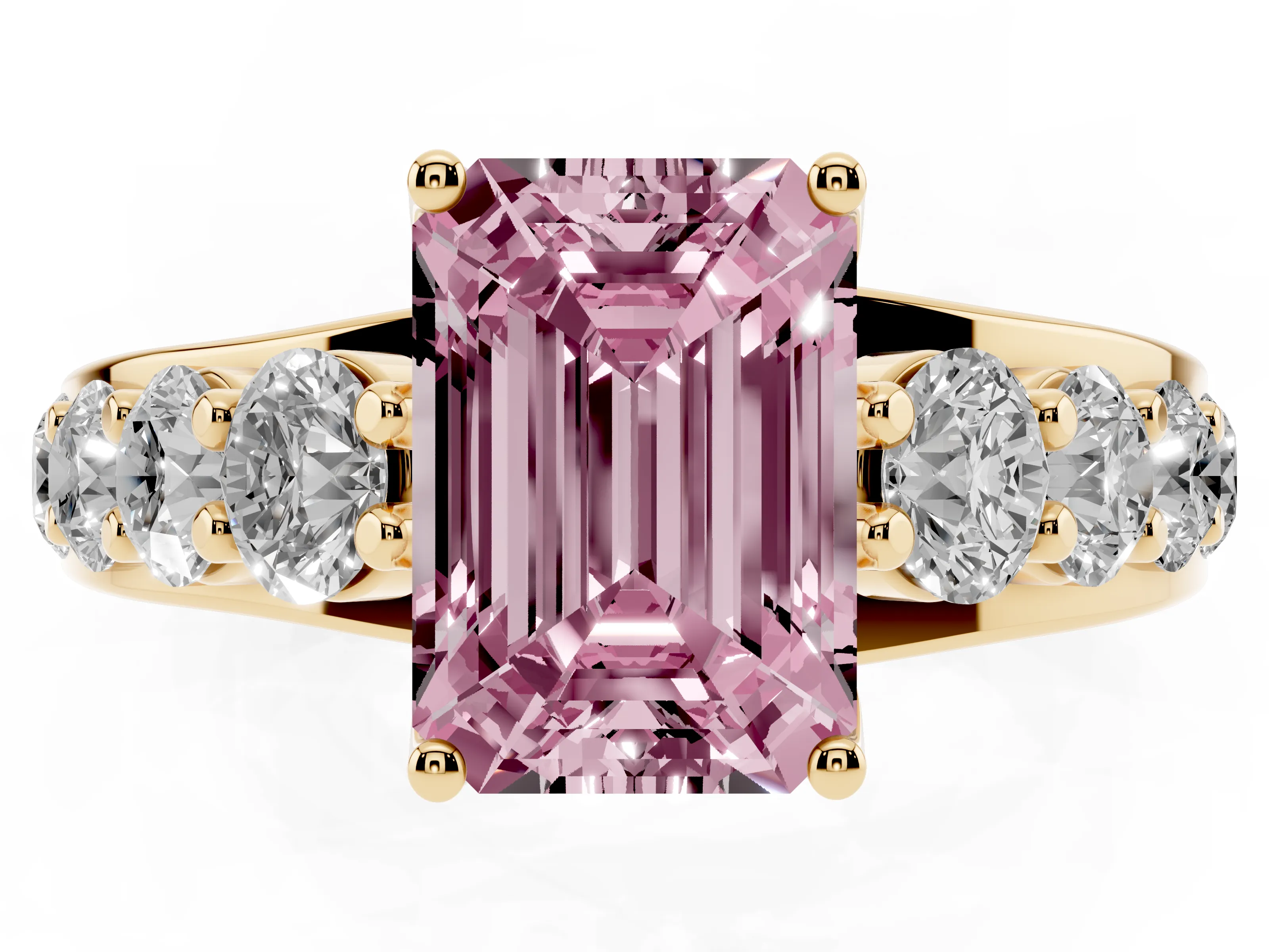 Fancy Pink Emerald Cut Diamond Pavé Engagement Ring Set in Yellow gold with Prong Setting