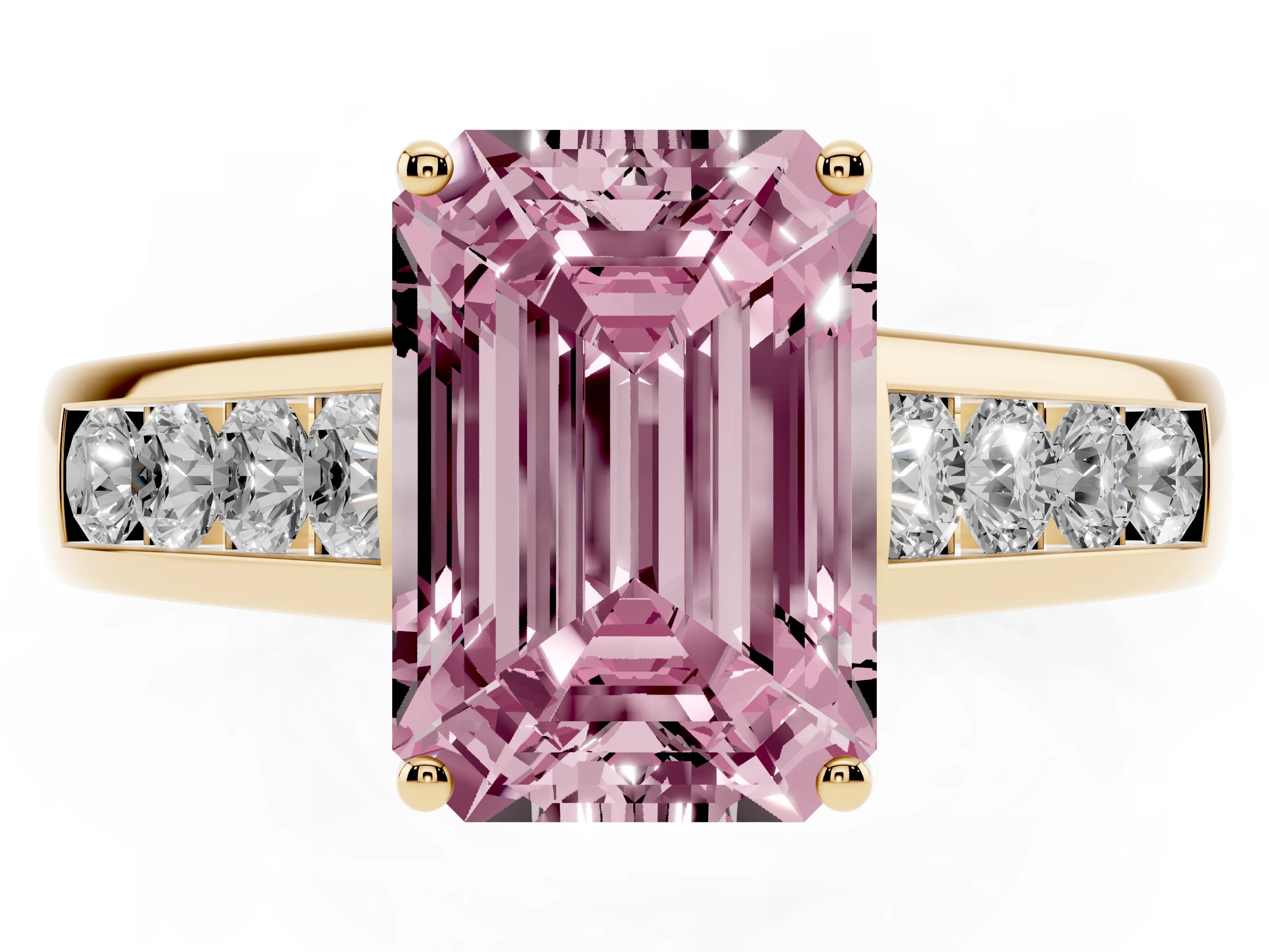 Fancy Pink Emerald Cut Diamond Brilliant Channel-Set Solitaire Ring Set in Yellow gold with Prong Setting