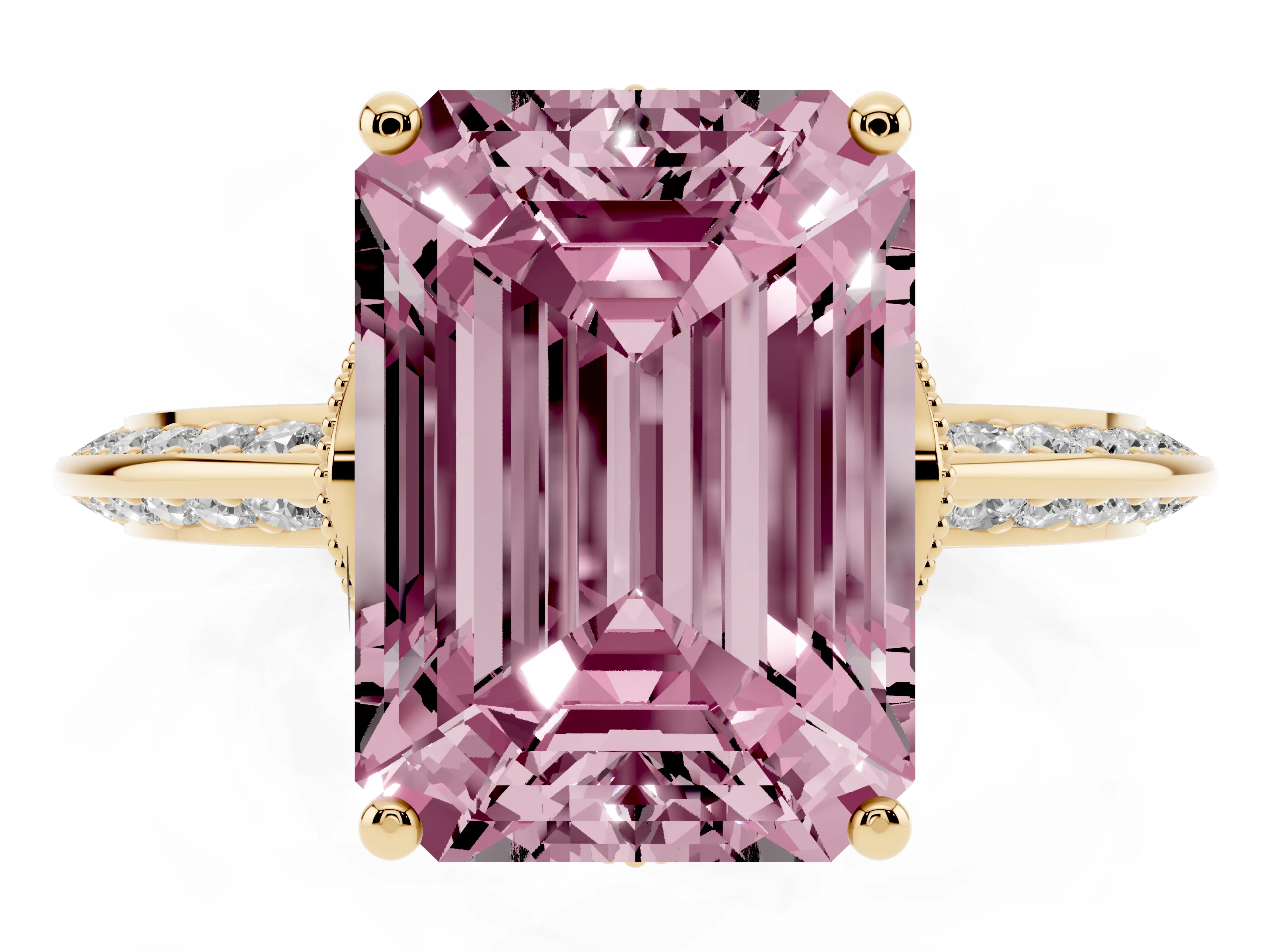 Fancy Pink Emerald Cut Diamond Solitaire Engagement Ring Set in Yellow gold with Pavé Split Shank and Prong Setting