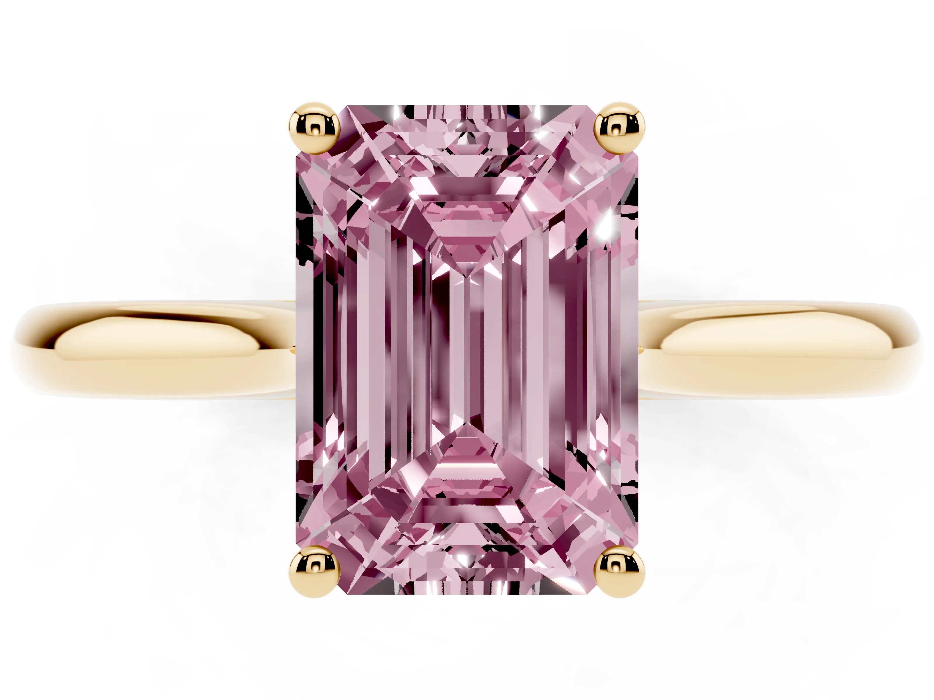 Fancy Pink Emerald Cut Diamond Solitaire Ring Set in Yellow gold with Cathedral Band and Prong Setting