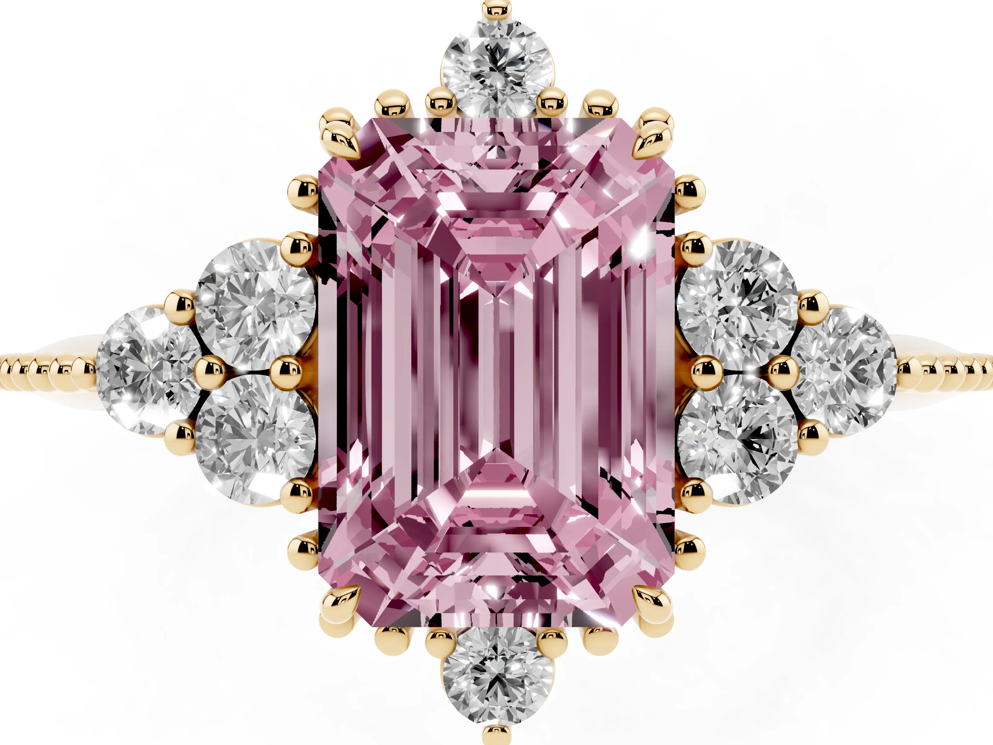 Fancy Pink Emerald Cut Diamond Cluster Ring Set in Yellow gold with Beaded Band
