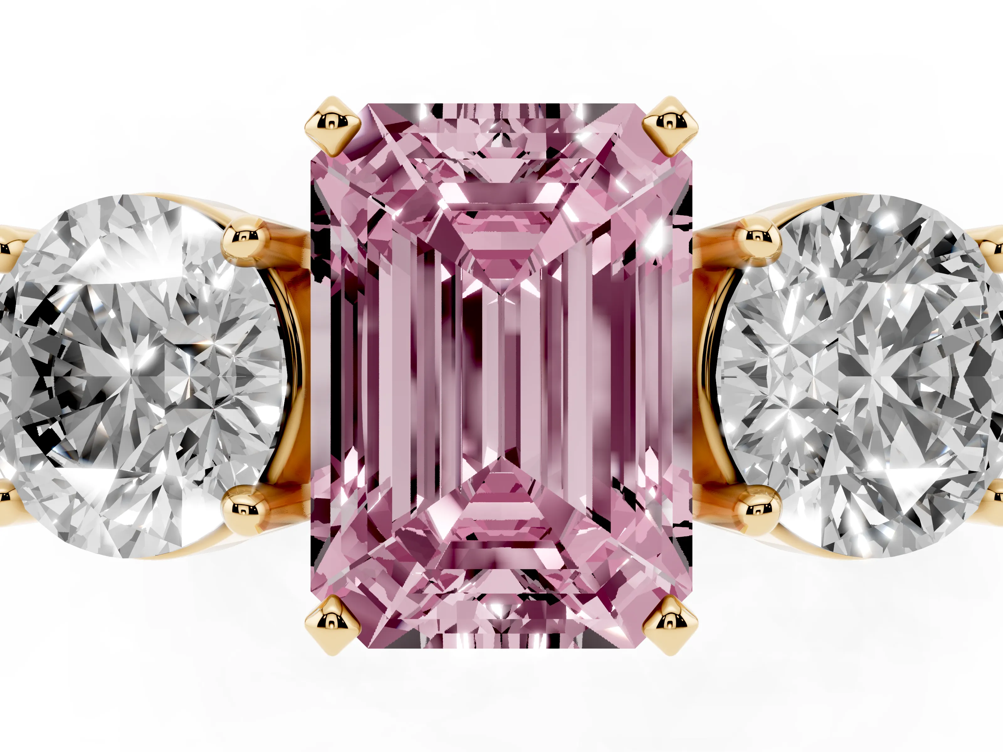 Fancy Pink Emerald Cut Diamond Three-Stone Ring Set in Yellow gold with Round Side Stones and Classic Band