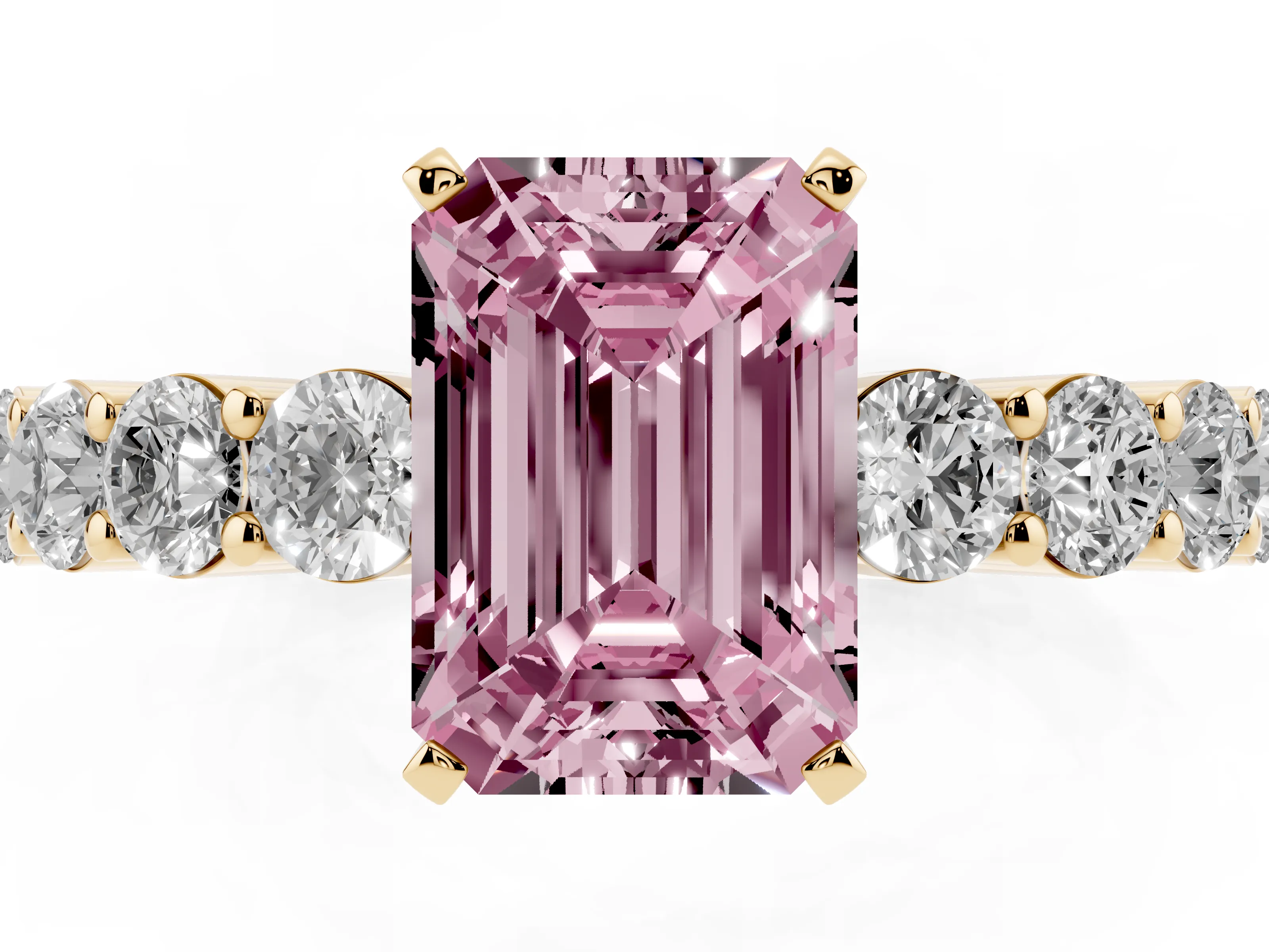Fancy Pink Emerald Cut Diamond Solitaire Ring Set in Yellow gold with Shared Prong Round Side Stones