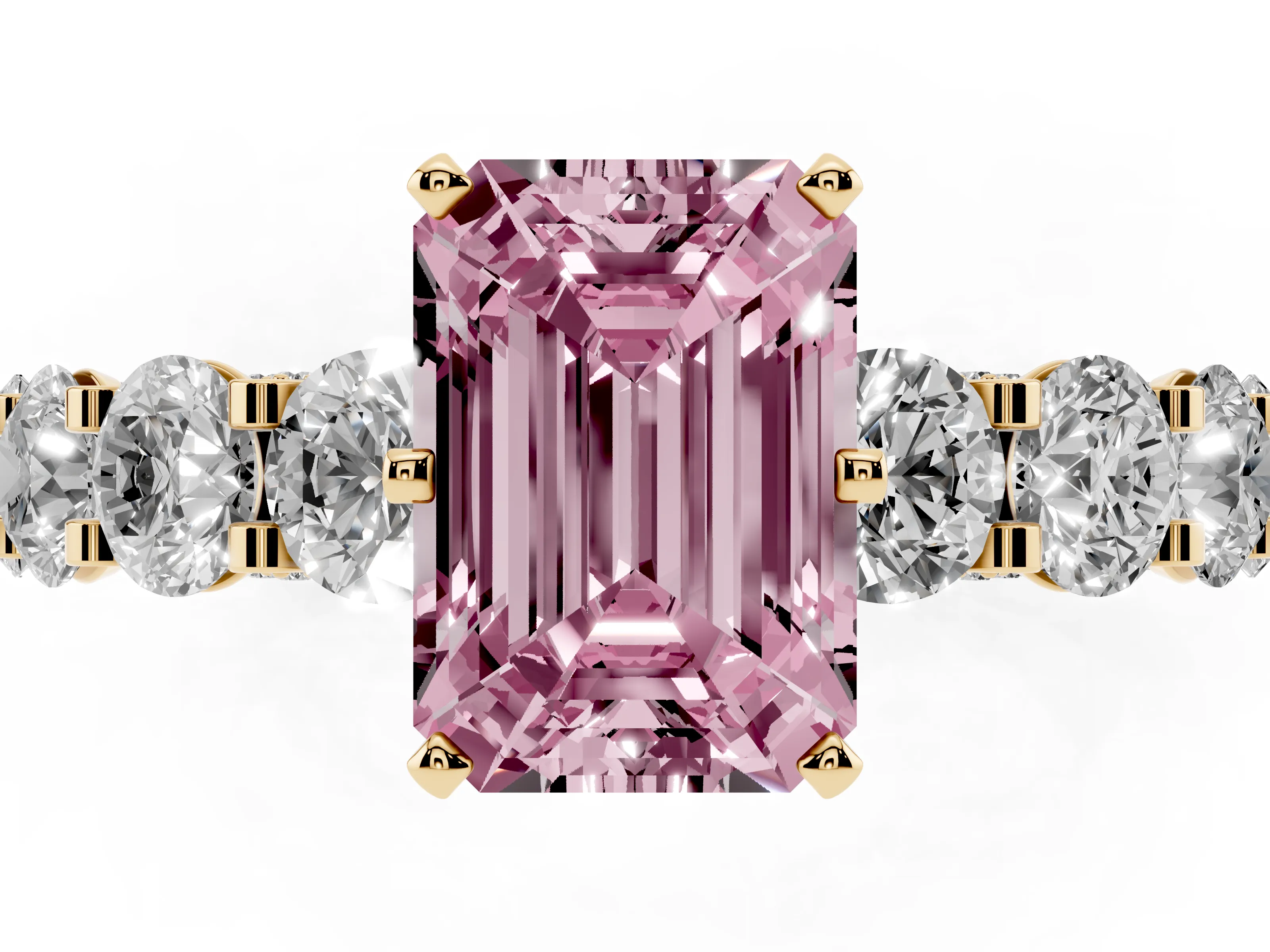 Fancy Pink Emerald Cut Diamond Side Stone Ring Set in Yellow gold with Alternating Round and Oval Side Stones