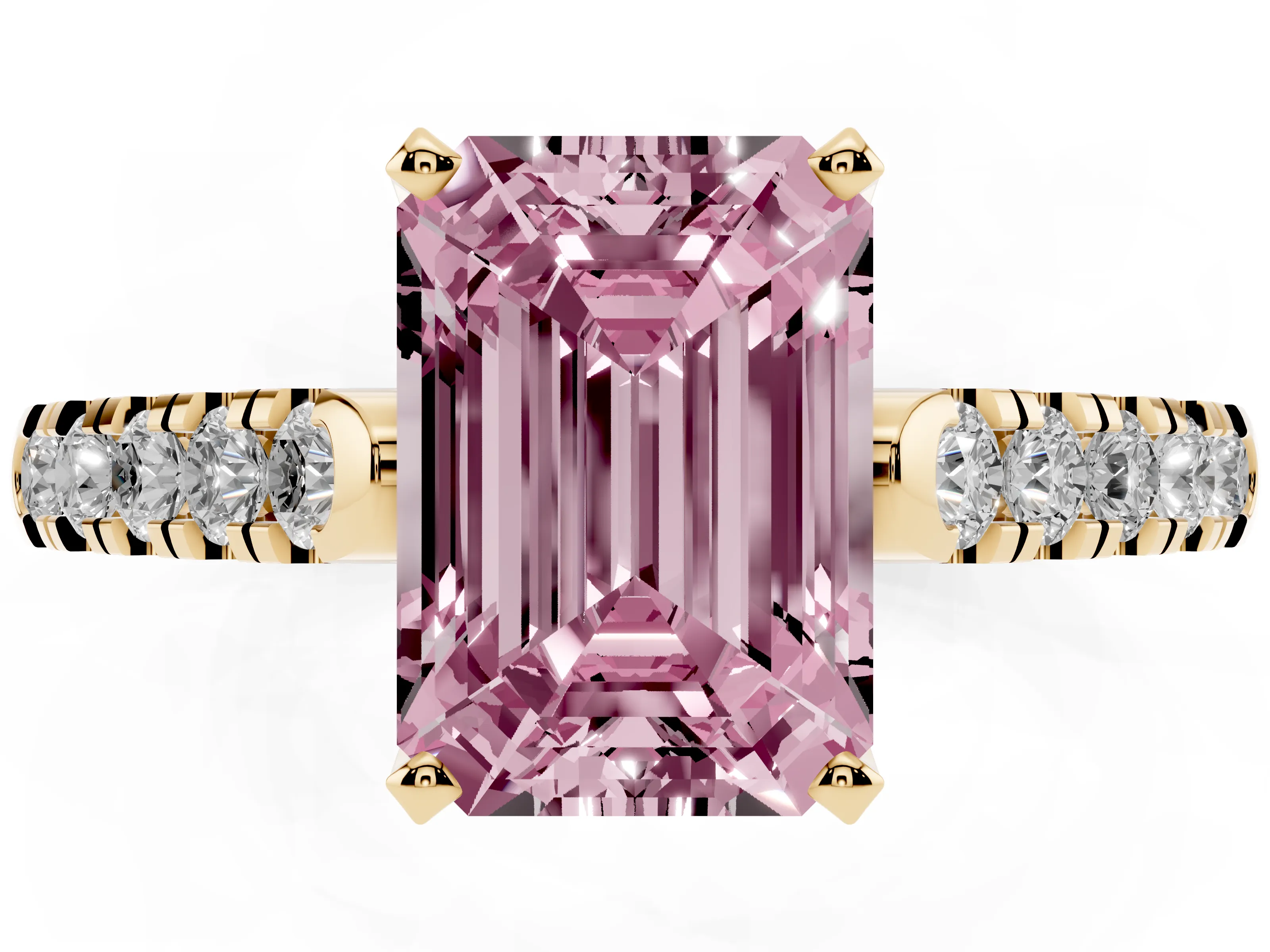 Fancy Pink Emerald Cut Diamond Pavé Band Solitaire Ring Set in Yellow gold with Partway Accent Stones and Prong Setting