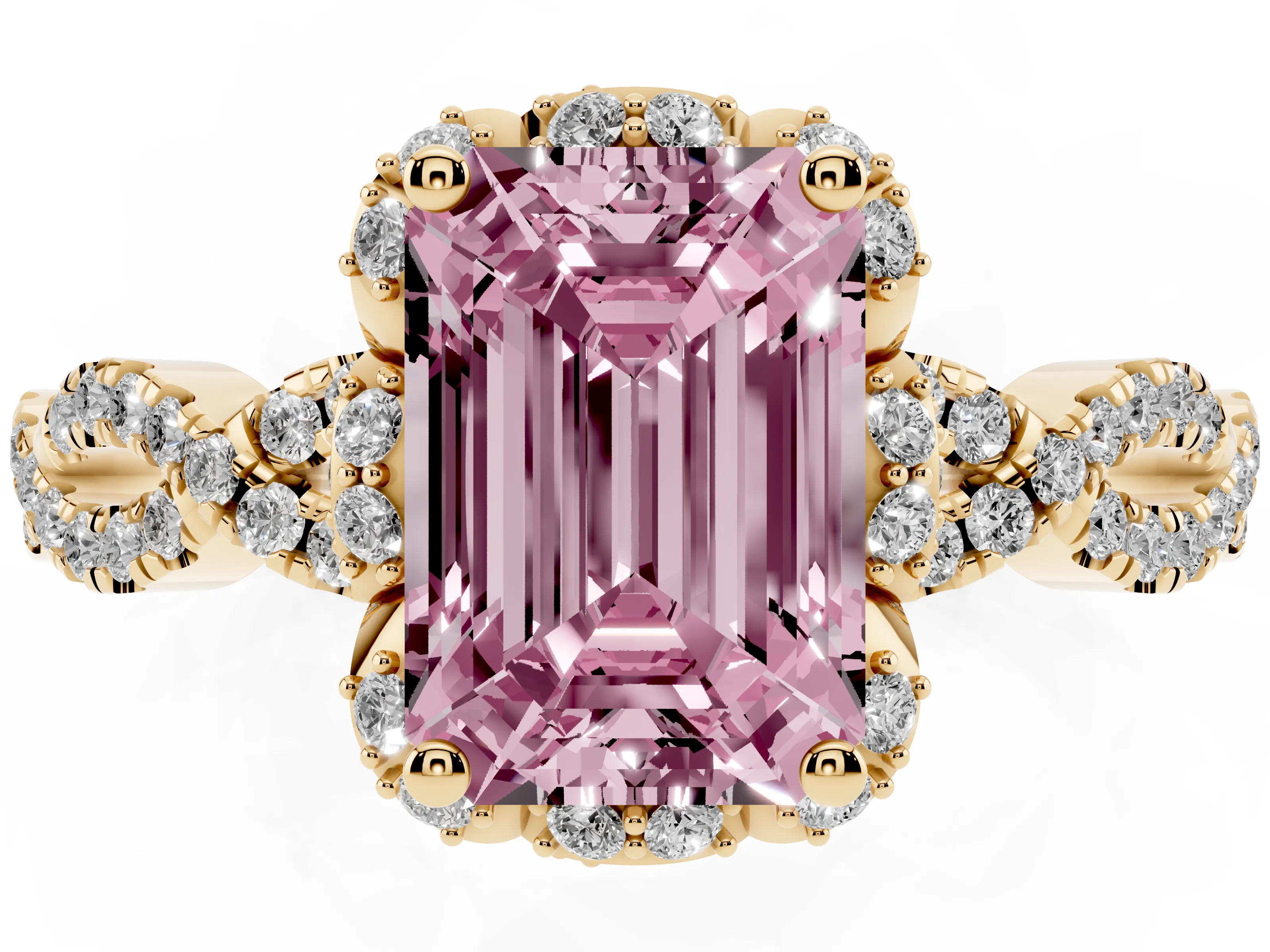 Fancy Pink Emerald Cut Diamond Halo Twist Band Solitaire Ring Set in Yellow gold with Prong-Set Center Stone