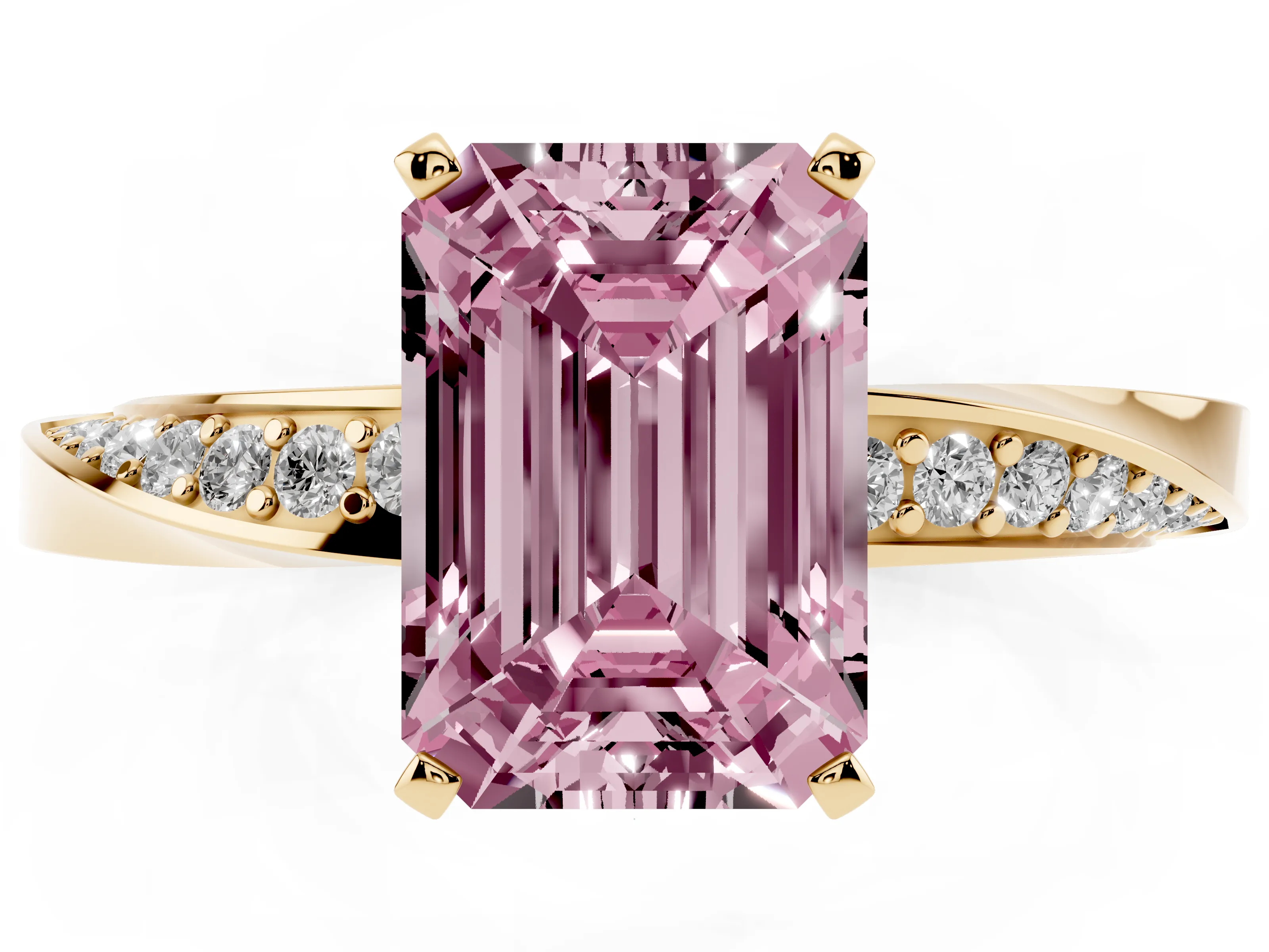 Fancy Pink Emerald Cut Diamond Engagement Ring Set in Yellow gold with Side Stone Accents and Prong Setting