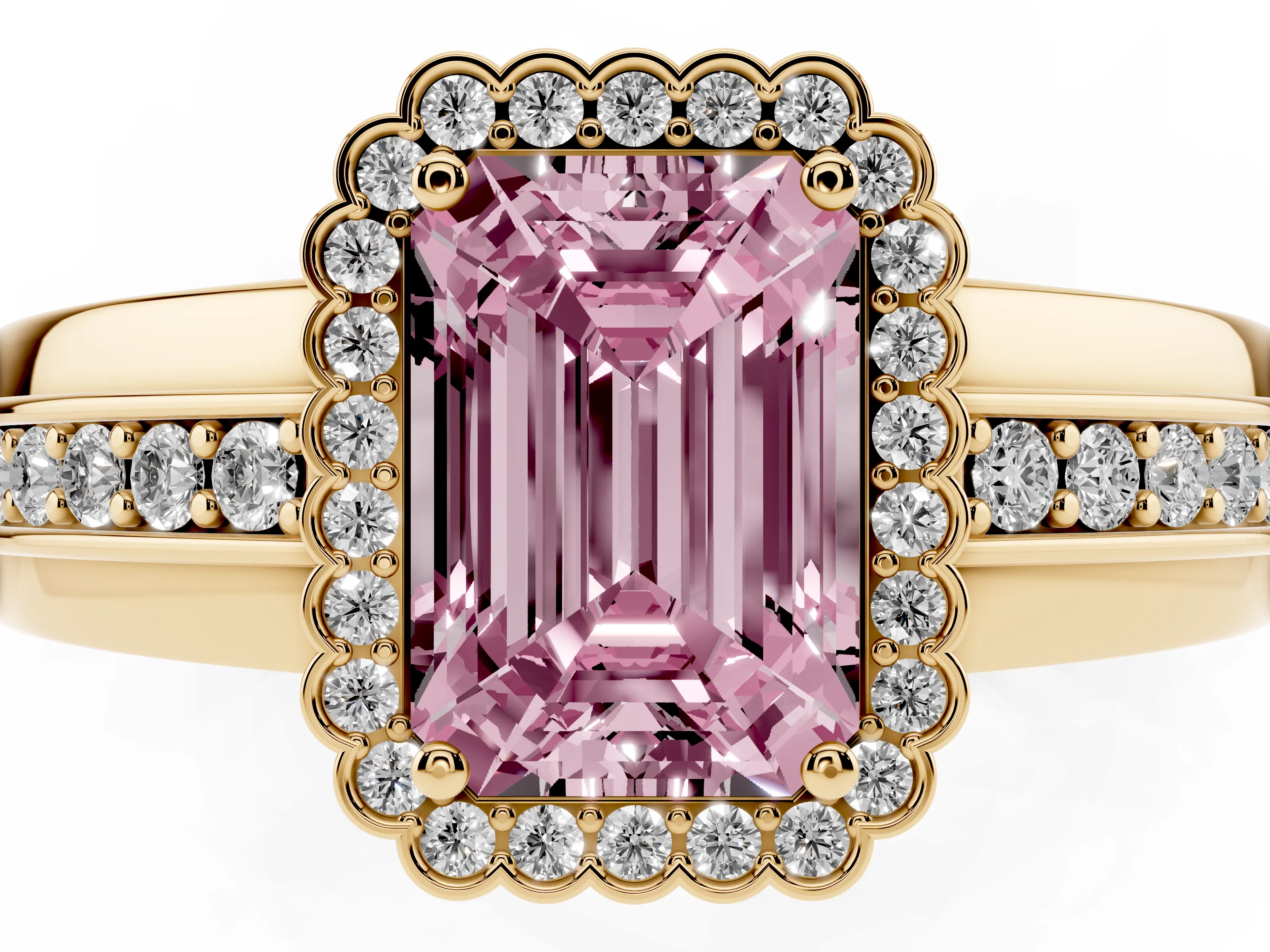Fancy Pink Emerald Cut Diamond Halo Prong Ring Set in Yellow gold with Pavé Band