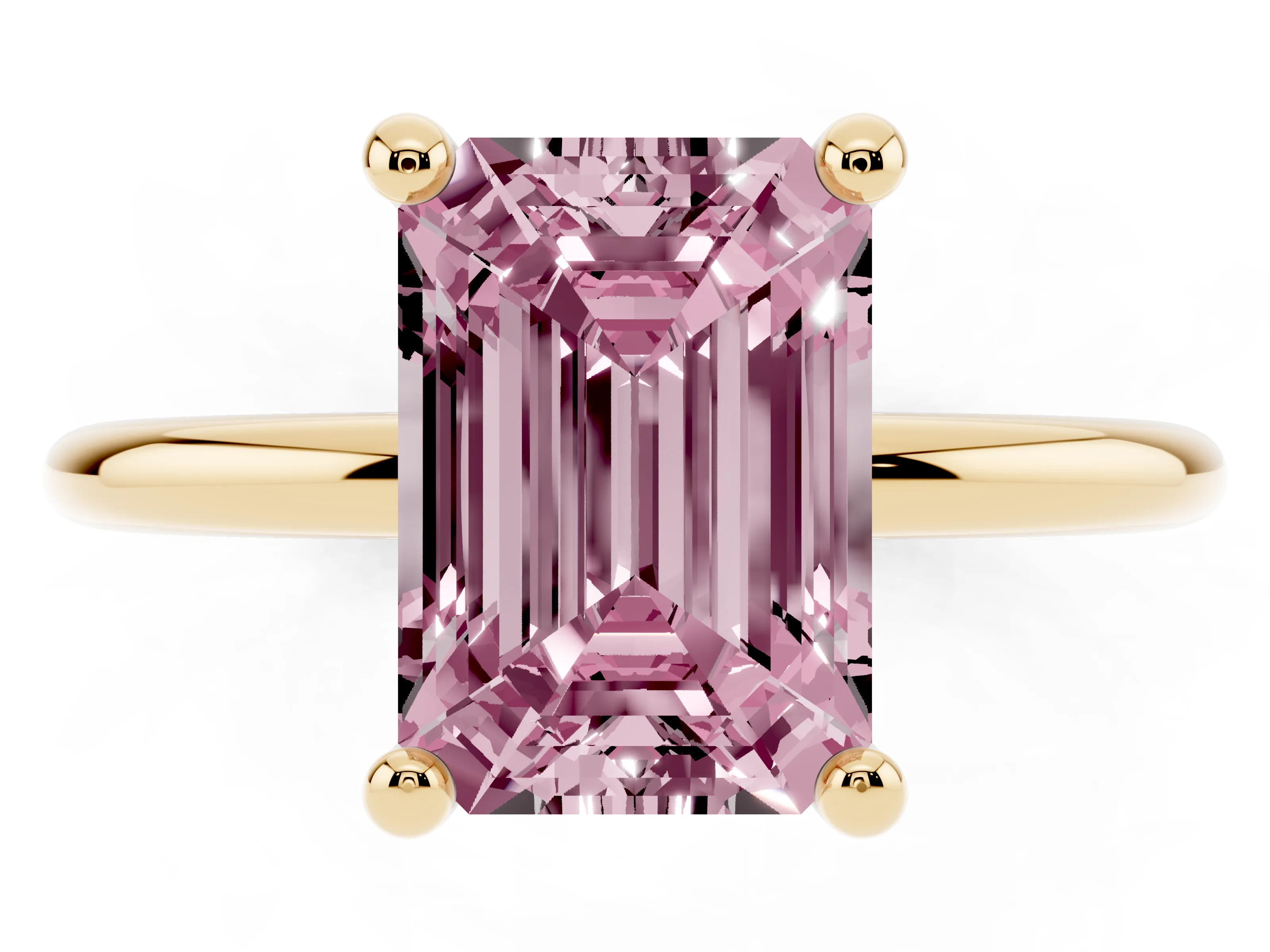 Fancy Pink Emerald Cut Diamond Solitaire Ring Set in Yellow gold with Secure Prong Setting on a Classic Band