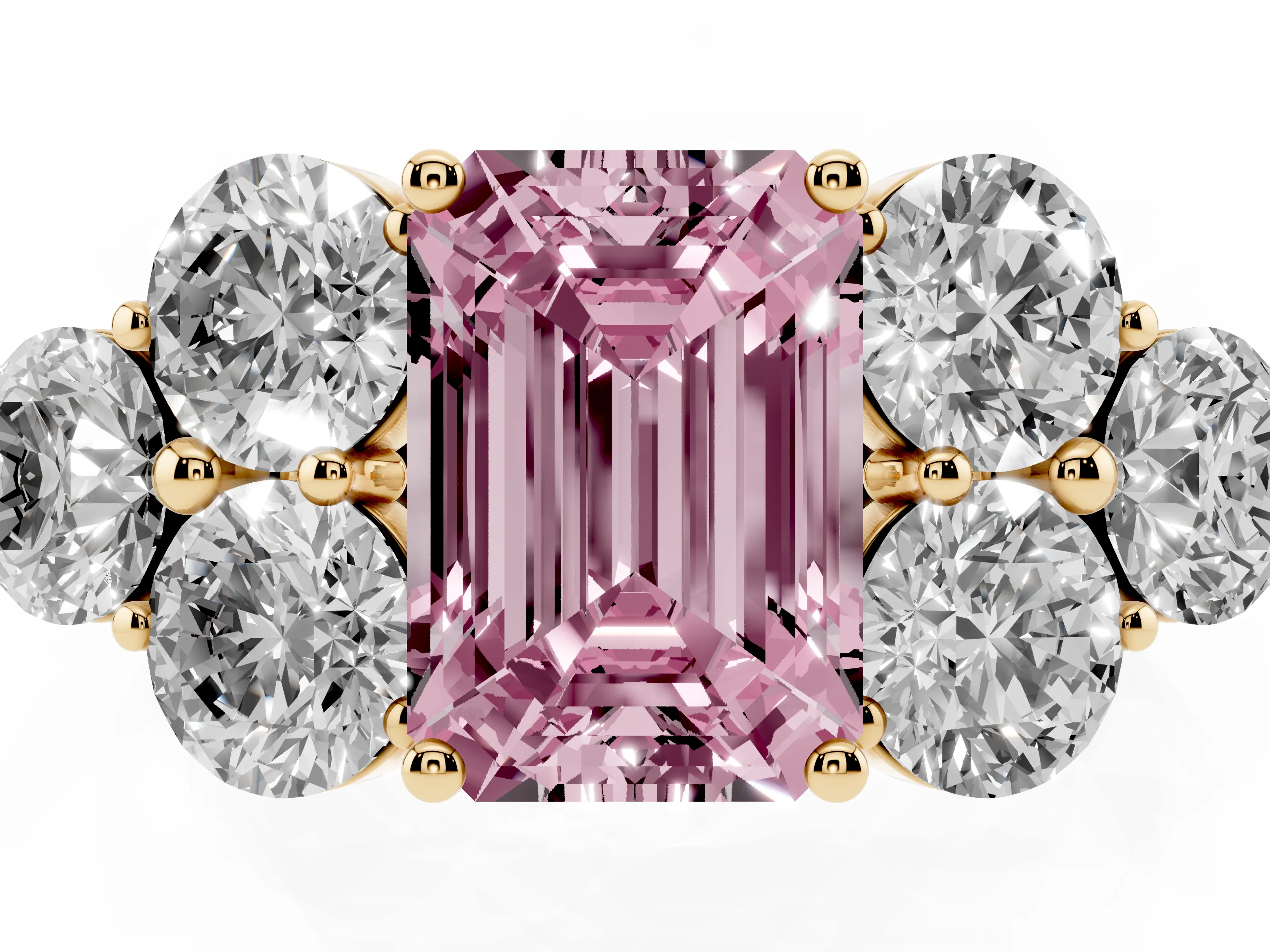 Fancy Pink Emerald Cut Diamond Cluster Ring Set in Yellow gold with Round Accent Stones and Prong Setting on a Plain Band