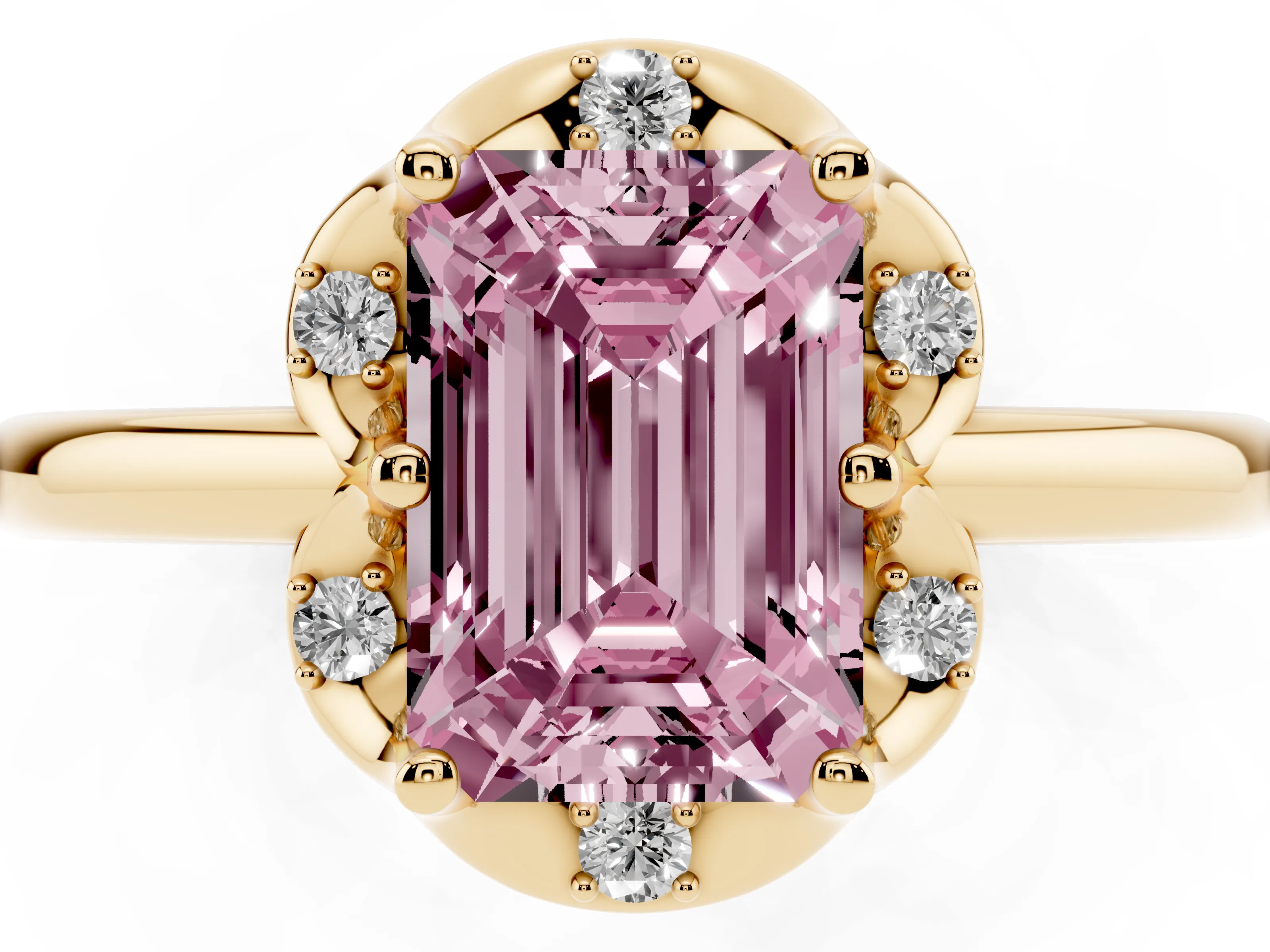 Fancy Pink Emerald Cut Diamond Round Cluster Halo Ring Set in Yellow gold with Solitaire Band and Prong Setting
