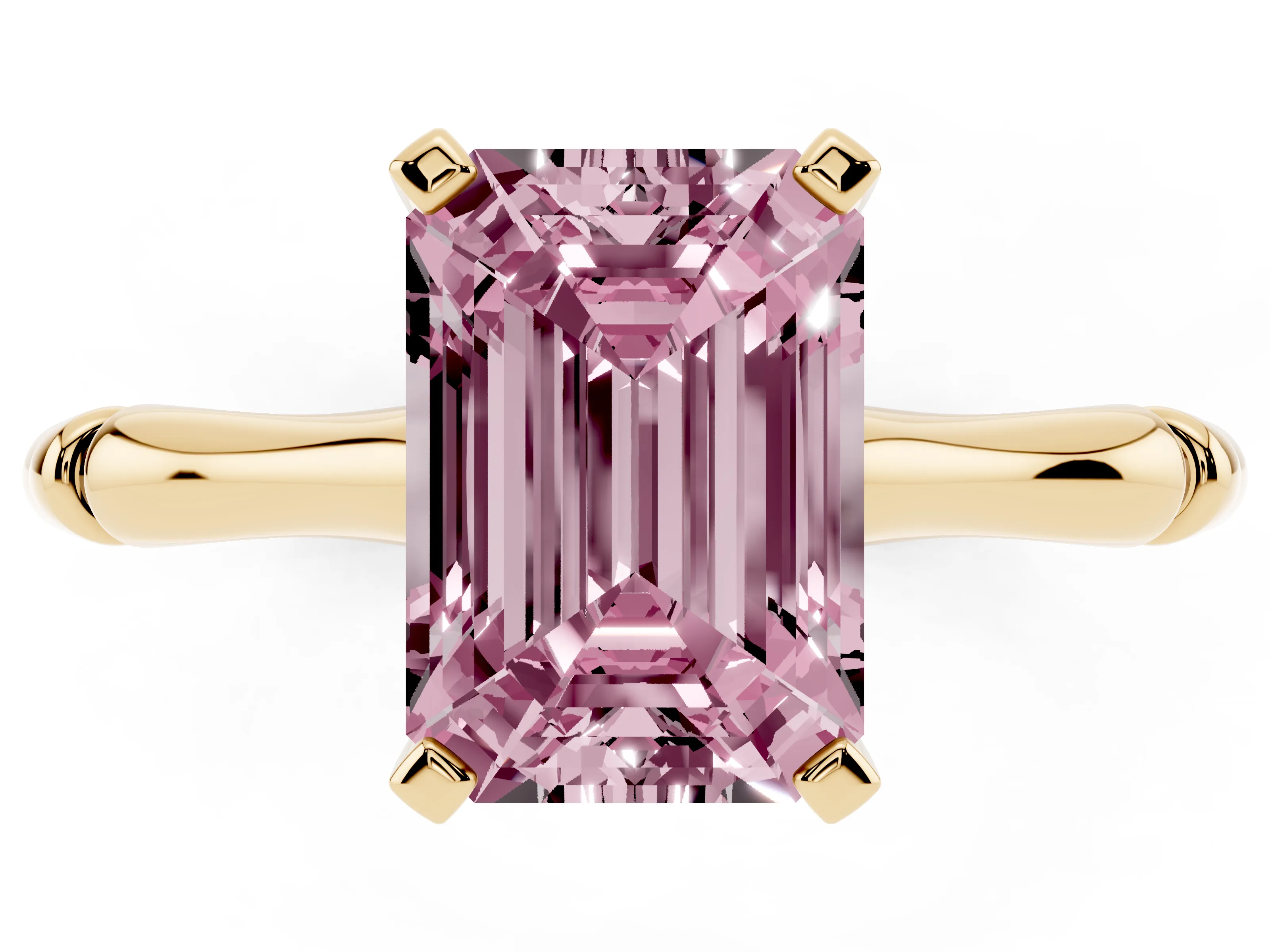 Fancy Pink Emerald Cut Diamond Solitaire Ring Set in Yellow gold with Bamboo Band and Prong Setting
