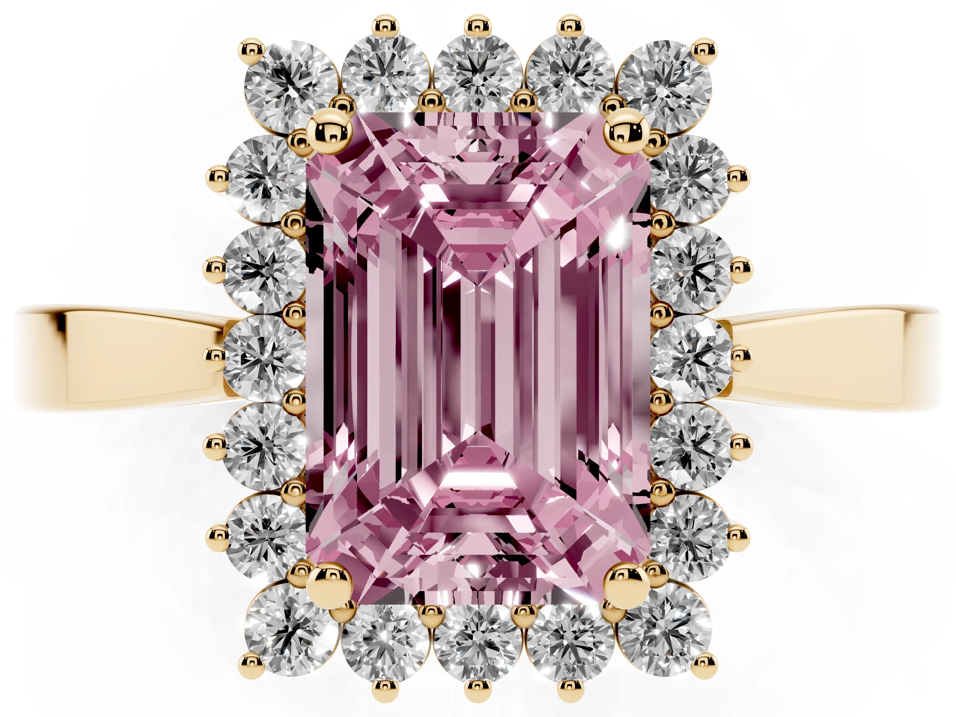 Fancy Pink Emerald Cut Diamond Halo Ring Set in Yellow gold with Round Halo and Smooth Solitaire Band