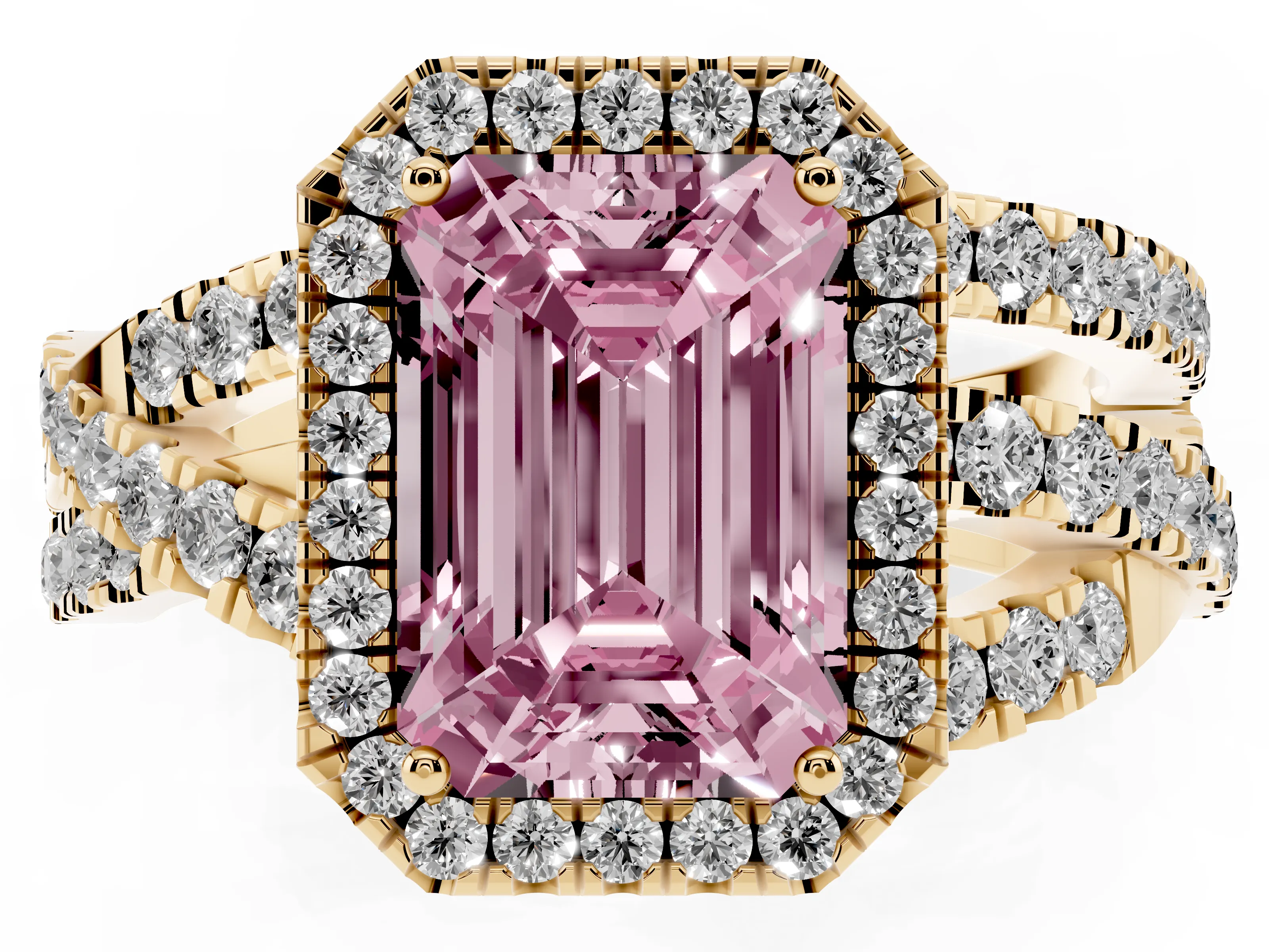 Fancy Pink Emerald Cut Diamond Halo Ring Set in Yellow gold with Round Crossover Split Shank and Prong Setting
