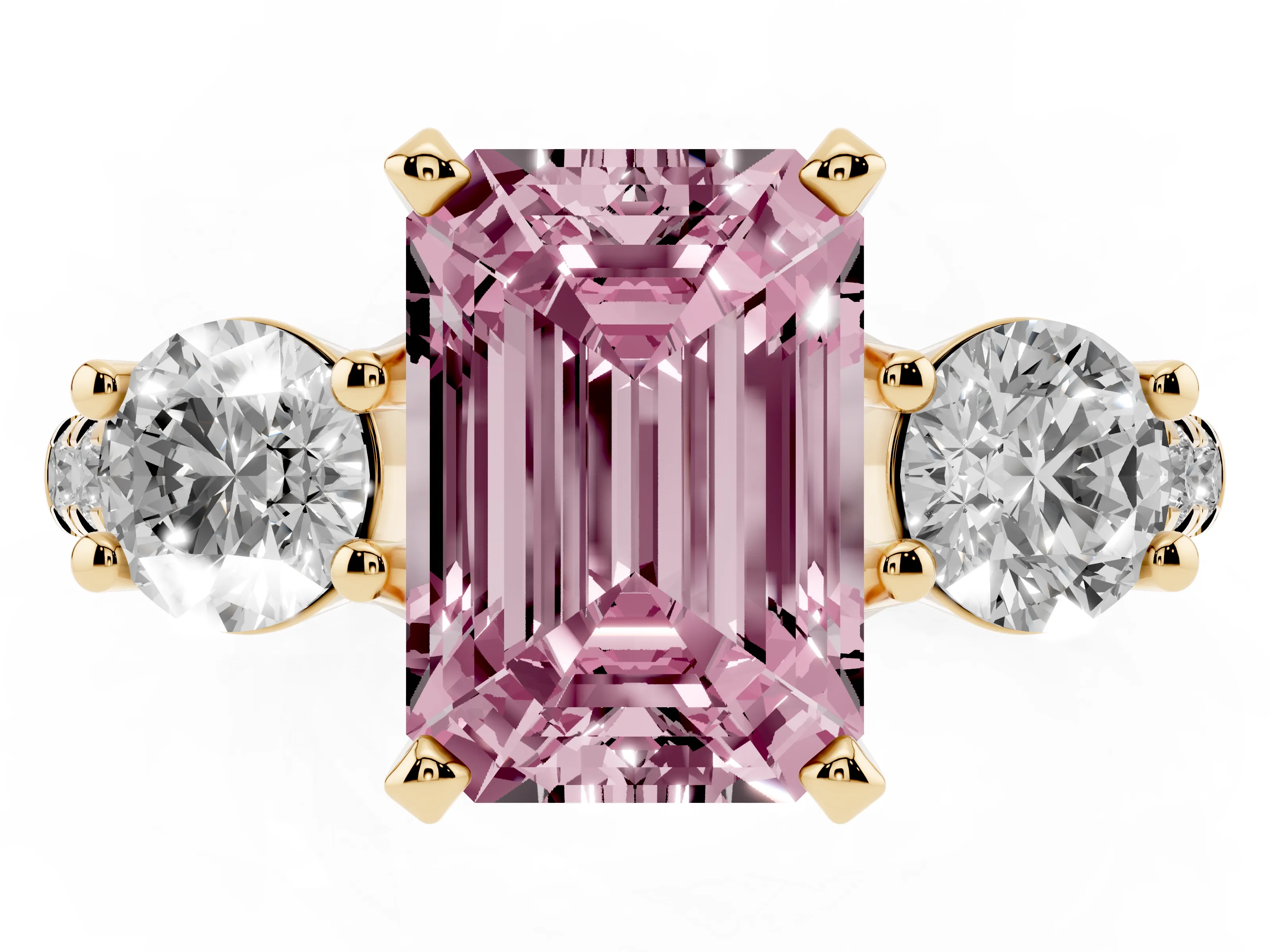 Fancy Pink Three-Stone Emerald Cut Diamond Pavé Band Ring Set in Yellow gold with Prong-Set Trio