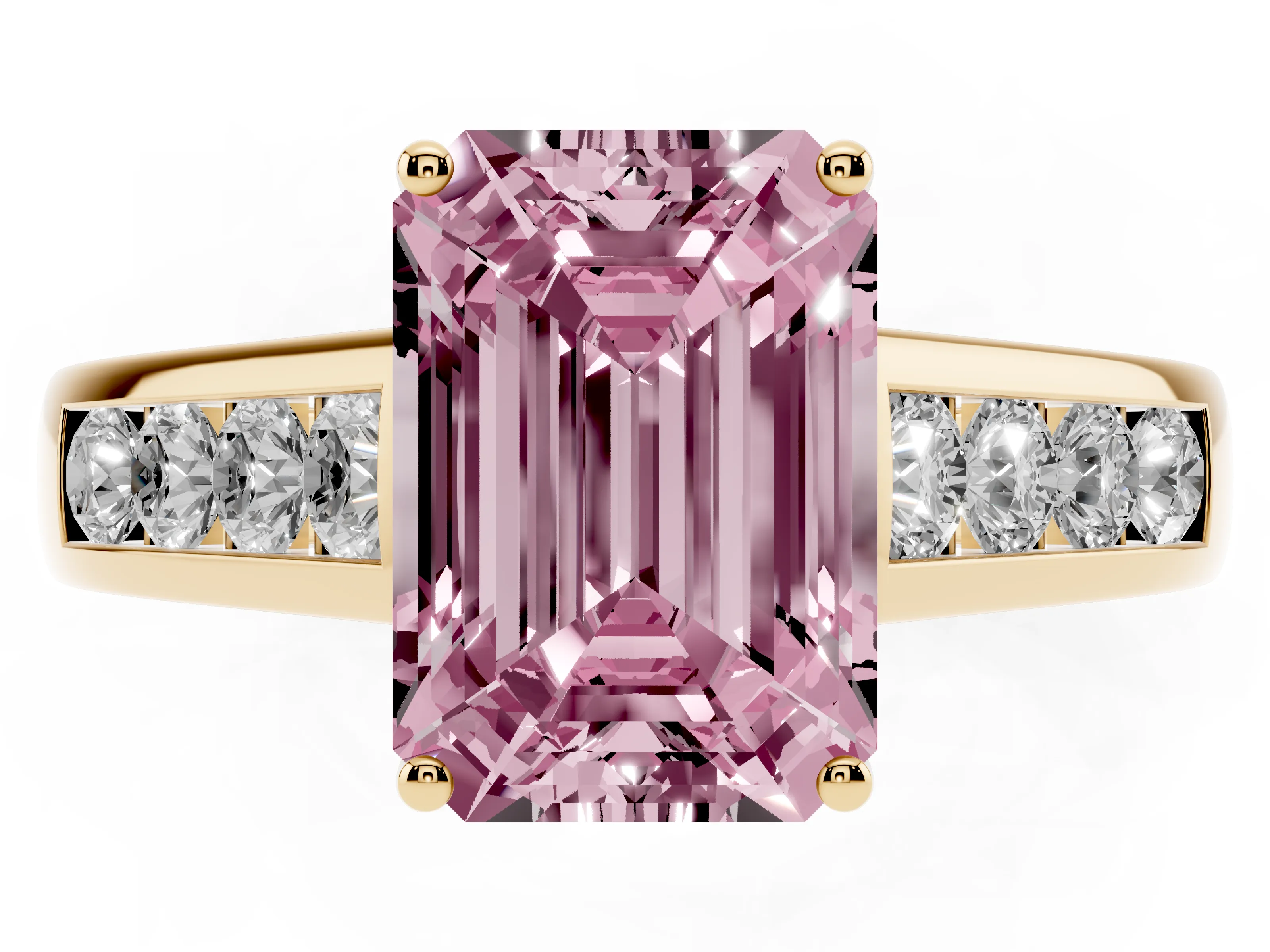 Fancy Pink Emerald Cut Diamond Solitaire Channel-Set Engagement Ring Set in Yellow gold with Prong Setting