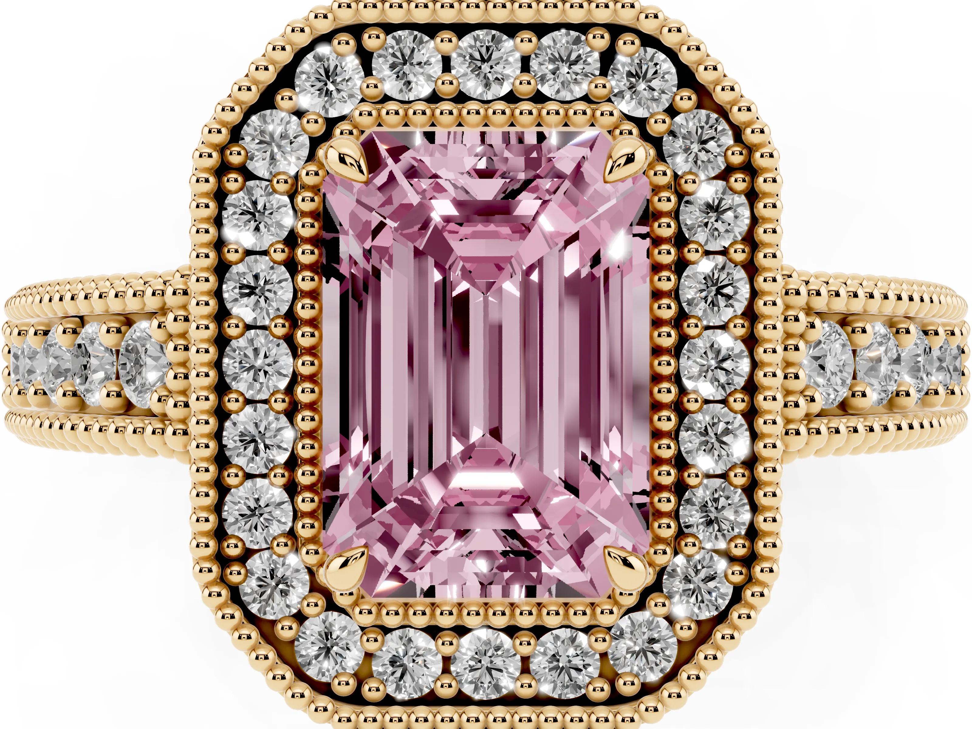 Fancy Pink Emerald Cut Diamond Halo Ring Set in Yellow gold with Round Accent Halo, Pavé Band and Prong Setting