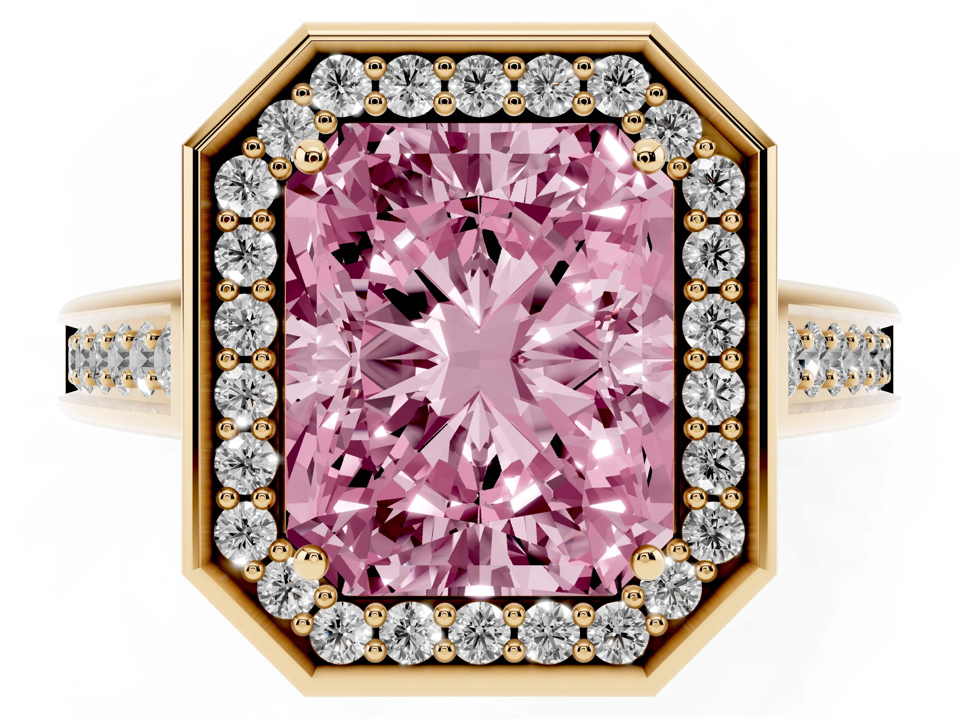 Fancy Pink Emerald Cut Diamond Halo Solitaire Ring Set in Yellow gold with Pavé Band and Bezel Setting