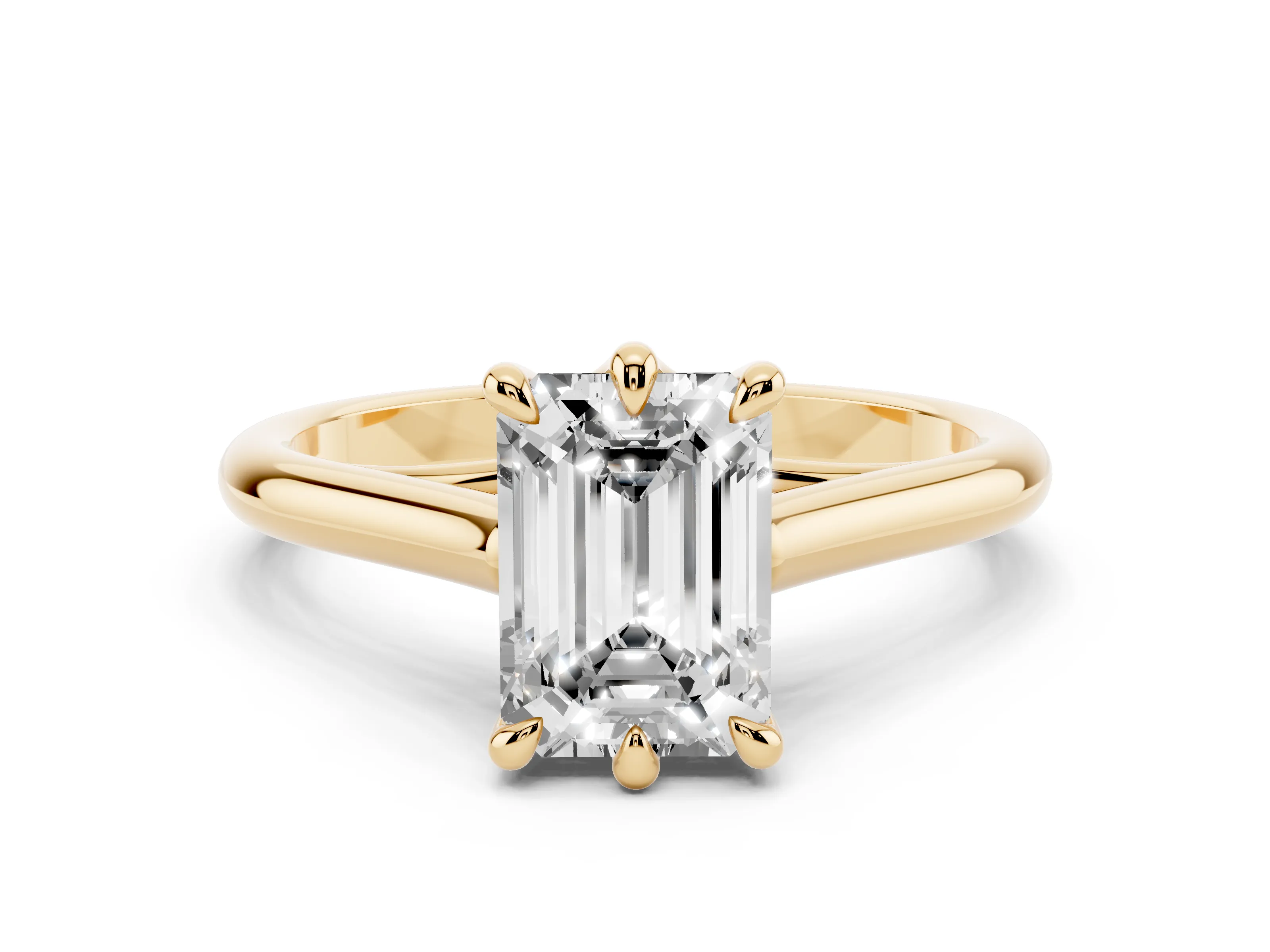 Emerald Cut Diamond Solitaire Engagement Ring Set in Yellow gold with Prong Setting and Plain Classic Band