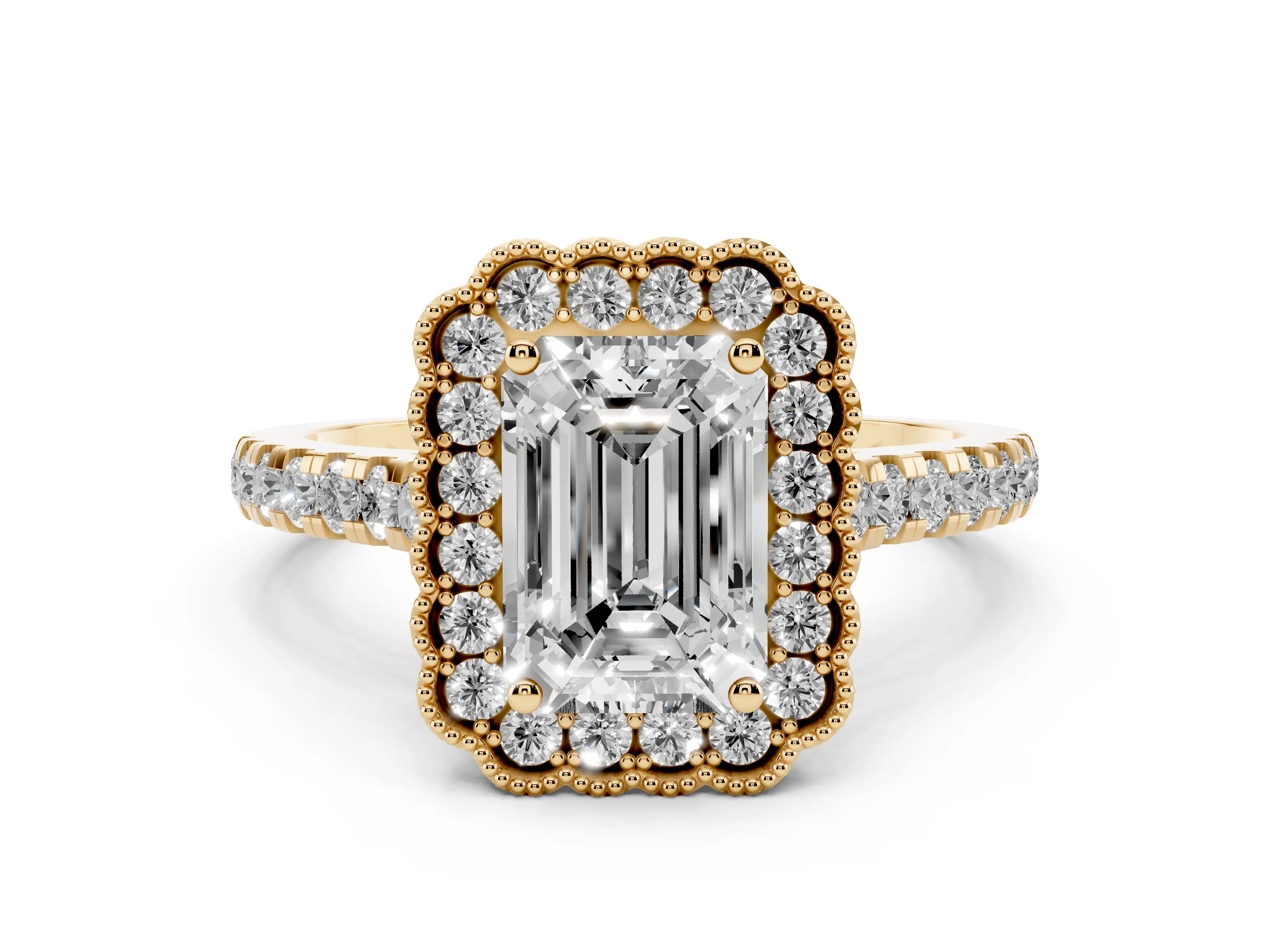 Emerald Cut Diamond Milgrain Floral Halo Engagement Ring Set in Yellow gold with Pavé Band