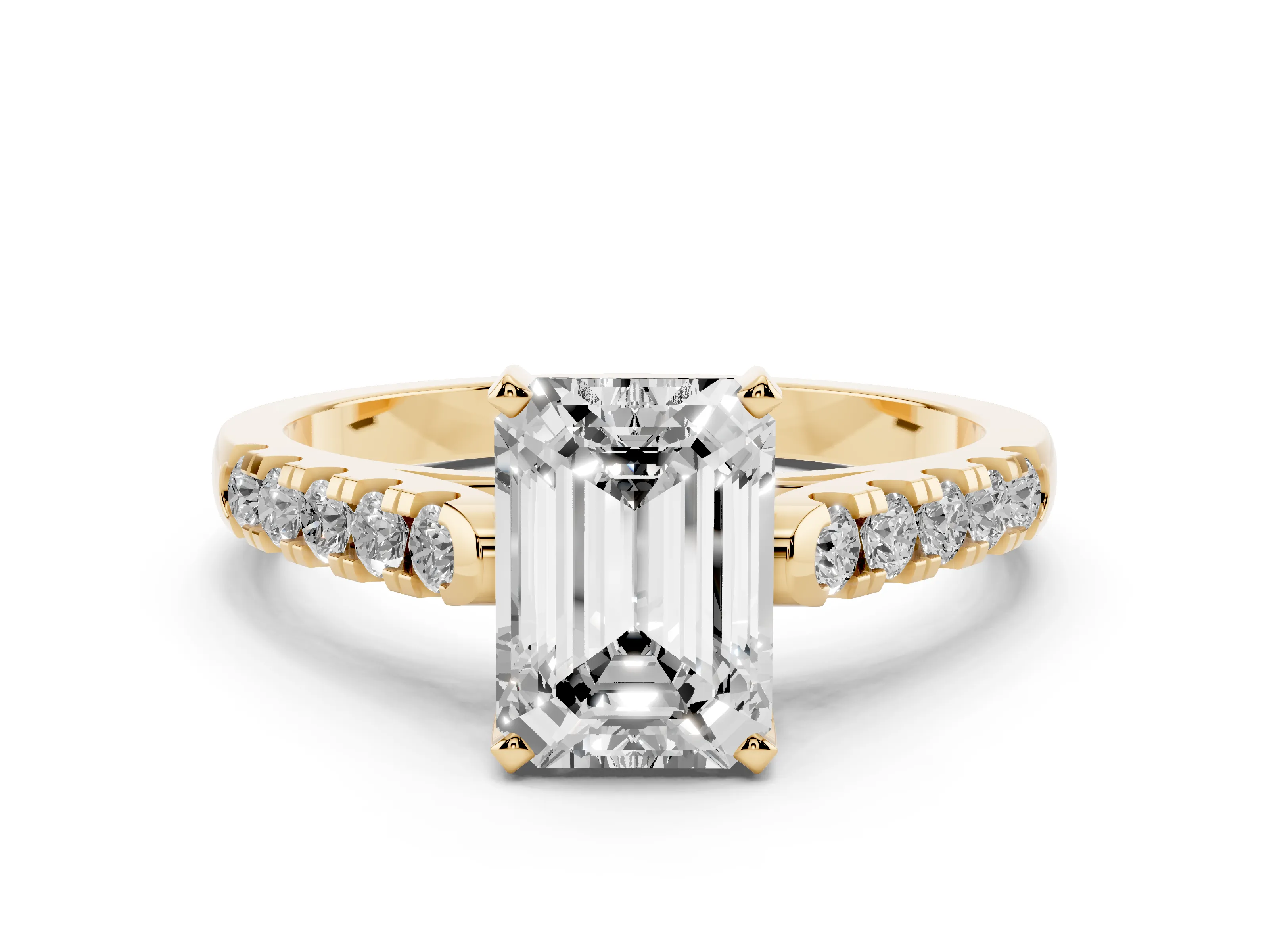 Emerald Cut Diamond Pavé Band Solitaire Ring Set in Yellow gold with Partway Accent Stones and Prong Setting