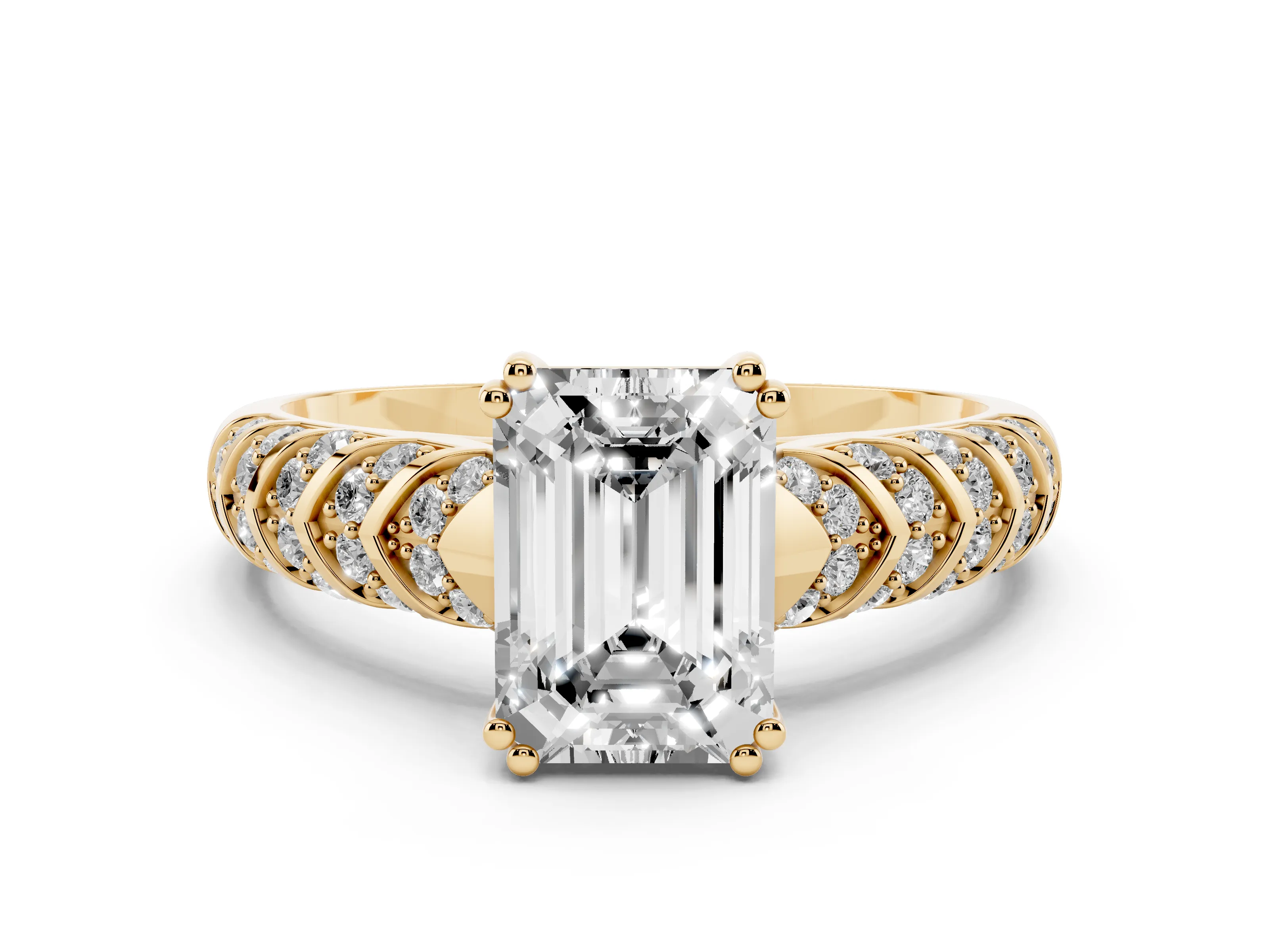 Emerald Cut Diamond Solitaire Chevron Pavé Engagement Ring Set in Yellow gold with Prong Setting